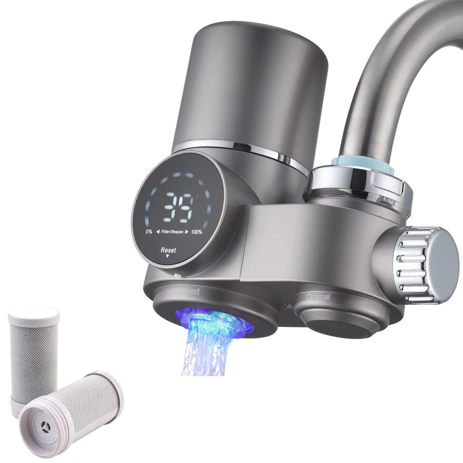 HOMELIVE Wasserhahnfilter Wasserhahn Wasserreiniger mit Wasserreiniger Filterelement 2er-Pack, Zubehör für Ein hochwertiger Wasserfilter für Wasserhähne und Küchenarmaturen., Wasserfilter Wasserhahn mit LED Anzeige