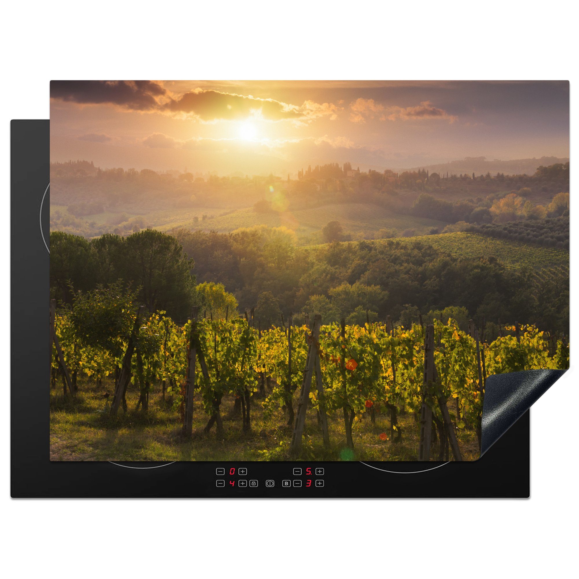 MuchoWow Herdblende-/Abdeckplatte Sonnenaufgang über den italienischen Feldern von San Gimignano, Vinyl, (1 tlg), 70x52 cm, Mobile Arbeitsfläche nutzbar, Ceranfeldabdeckung