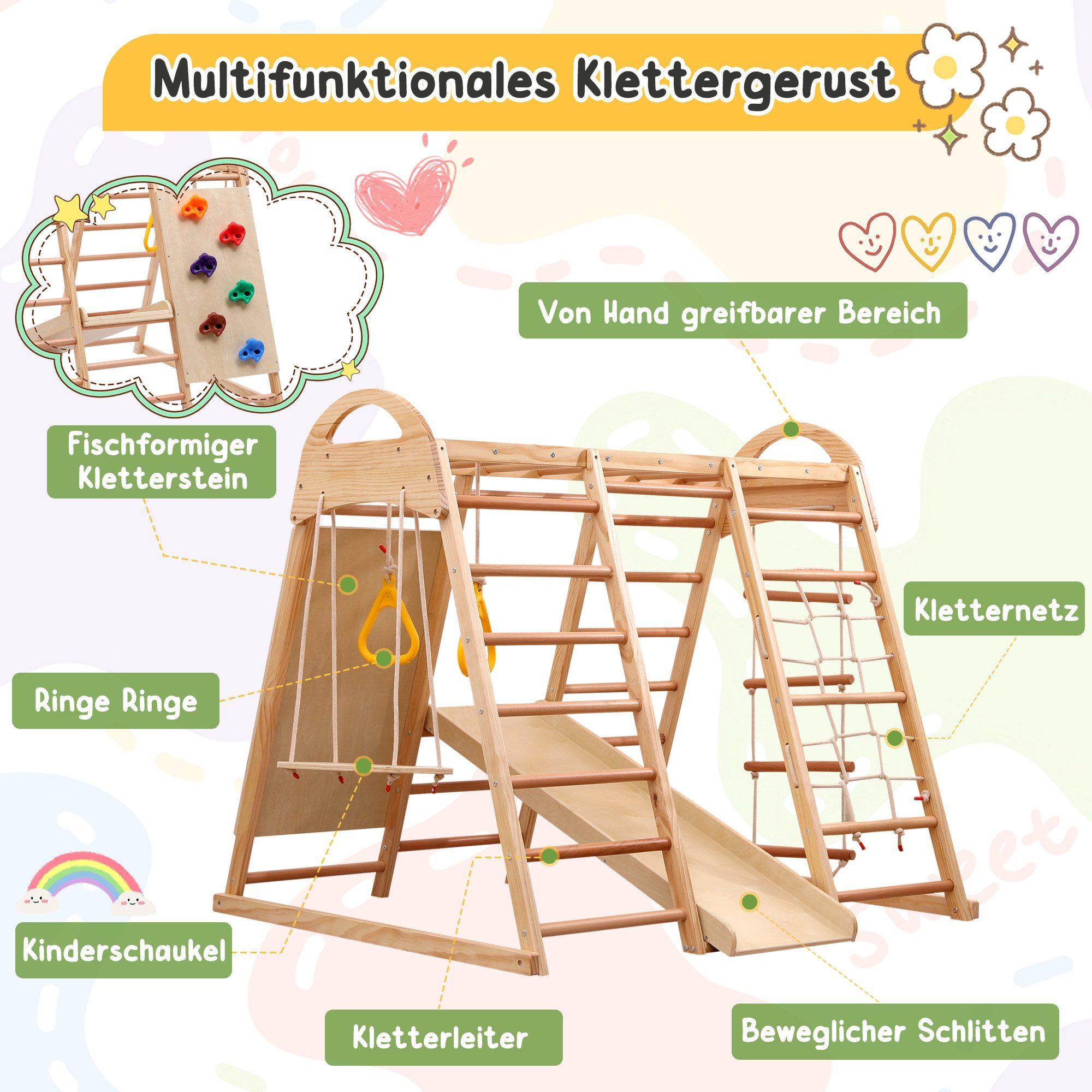 HT Spielturm 7-in-1 Multifunktions Massivholz Klettergerüst, 134x120x120cm, Schaukel,leiter,rutsche,Ein Netz zum Klettern,Kletterstein,Ringe