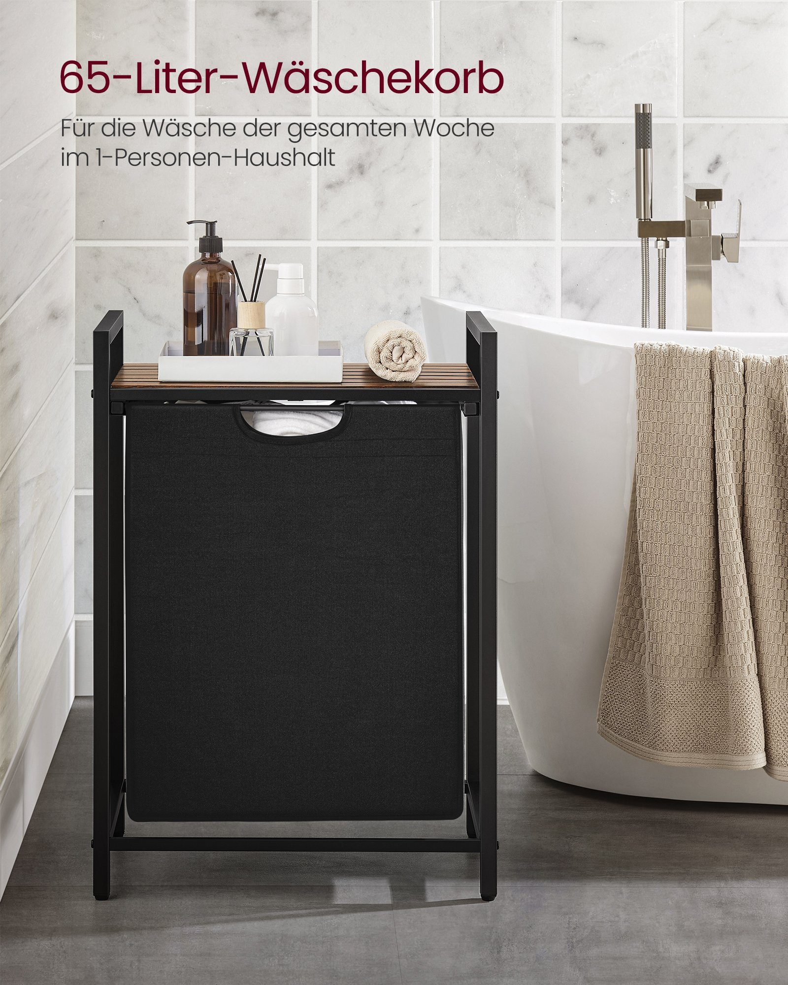 VASAGLE Wäschekorb Wäschesammler mit Ablage, Wäschesack abnehmbar, 65 L, 50 x 33 x 72 cm, Wäschebox, Metallrahmen, vintagebraun-schwarz