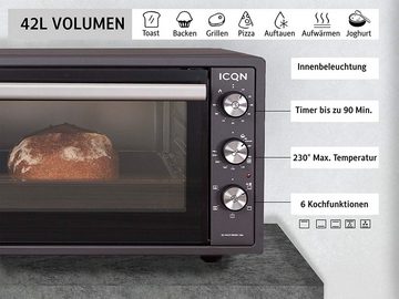 ICQN Minibackofen 42 Liter, mit Umluft, 1300W, Doppelverglasung, Timer, Mini Ofen, 40°-230°C