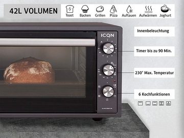 ICQN Minibackofen 42 Liter mit Umluft, Emailliert, 1300 W, inkl. Backblech Set, Umluft, Pizza-Ofen, Doppelverglasung, Timer, Mini Ofen, 40°-230°C