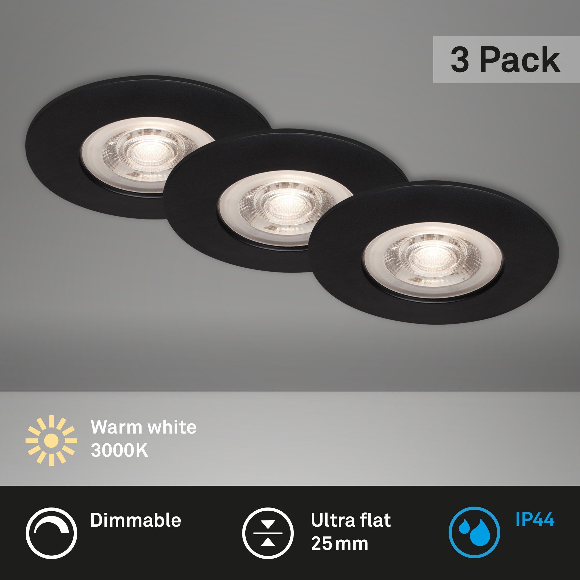 Bad SET 3er Einbauleuchte verbaut, fest Warmweiß, IP44 Leuchten für LED Ø 9cm 7047-035, dimmbar Briloner LED Einbauleuchte