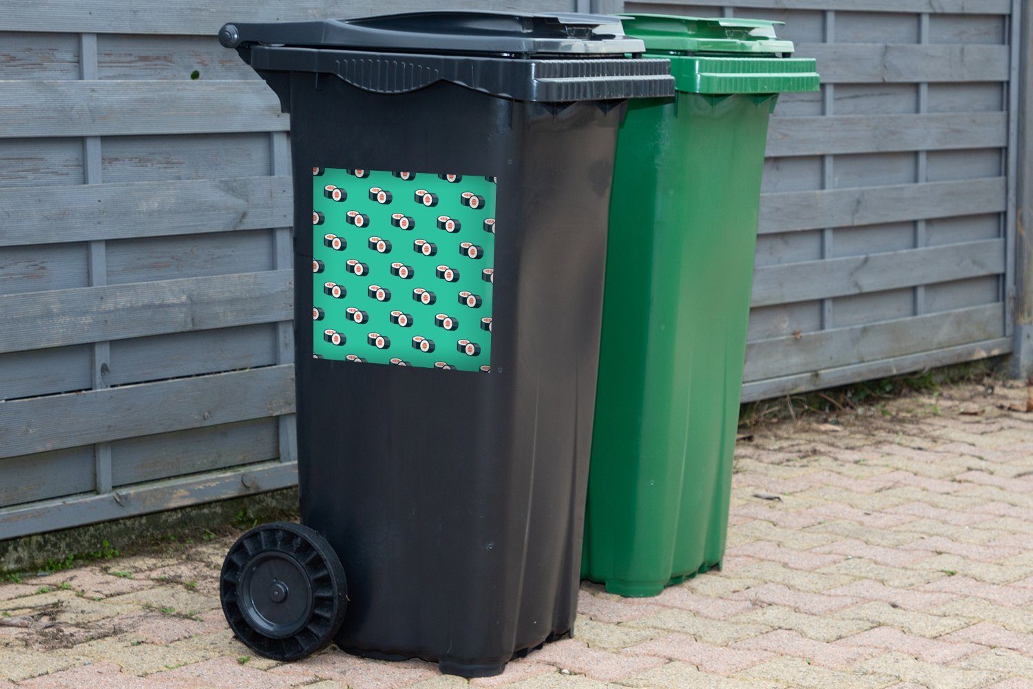 MuchoWow Sticker, Sushi-Illustration auf (1 einfarbigem Hintergrund Abfalbehälter St), Mülltonne, Container, Wandsticker Mülleimer-aufkleber,