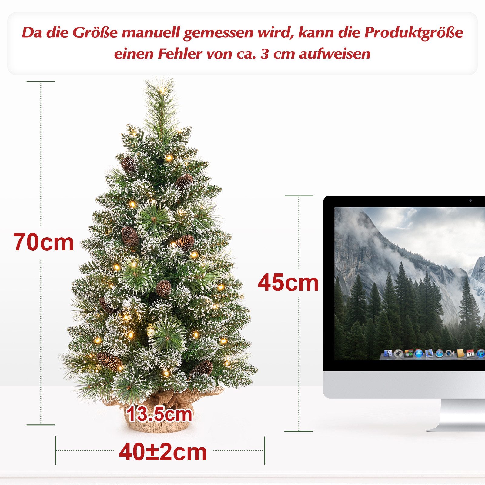 Yorbay Künstlicher Weihnachtsbaum Mini Weihnachtsbaum mit 50 warmweiß LEDs 70cm Tannenbaum, Mini Weihnachtsbaum, Mit Fernbedienung, mit Schnee mit weißer Spitze – Bild 2 von 5