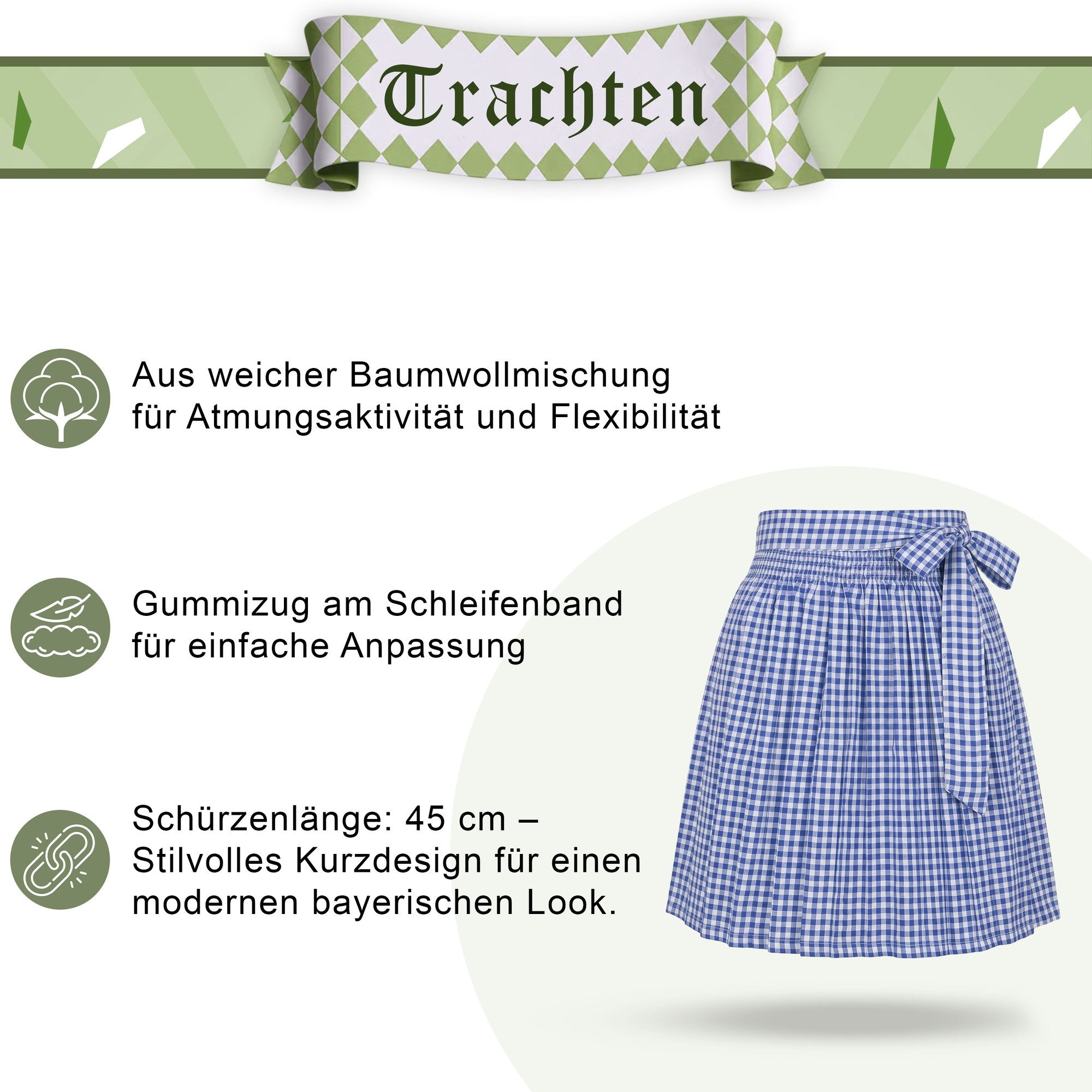 German Wear Dirndlschürze GW1603-1- Blau Kariert, Schürze für Dirndl Blau Kariert Mini Dirndl – Bild 4 von 5