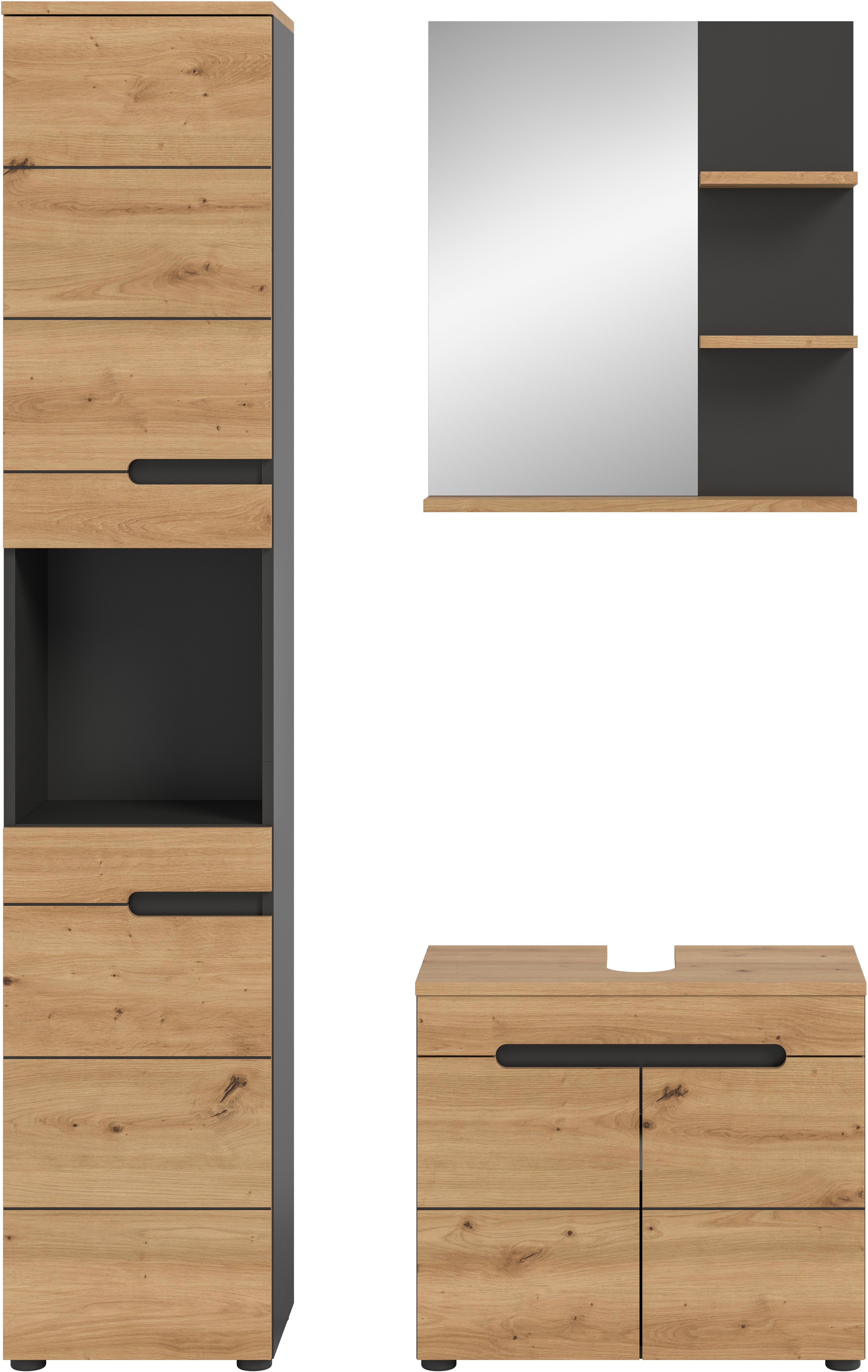 welltime Badmöbel-Set REHAT, 3-teilig, Breite 116 cm, mit grifflosen Fronten, bestehend aus:, (3-St), 1x Hochschrank, 1x Waschbeckenunterschrank & 1x Badspiegel