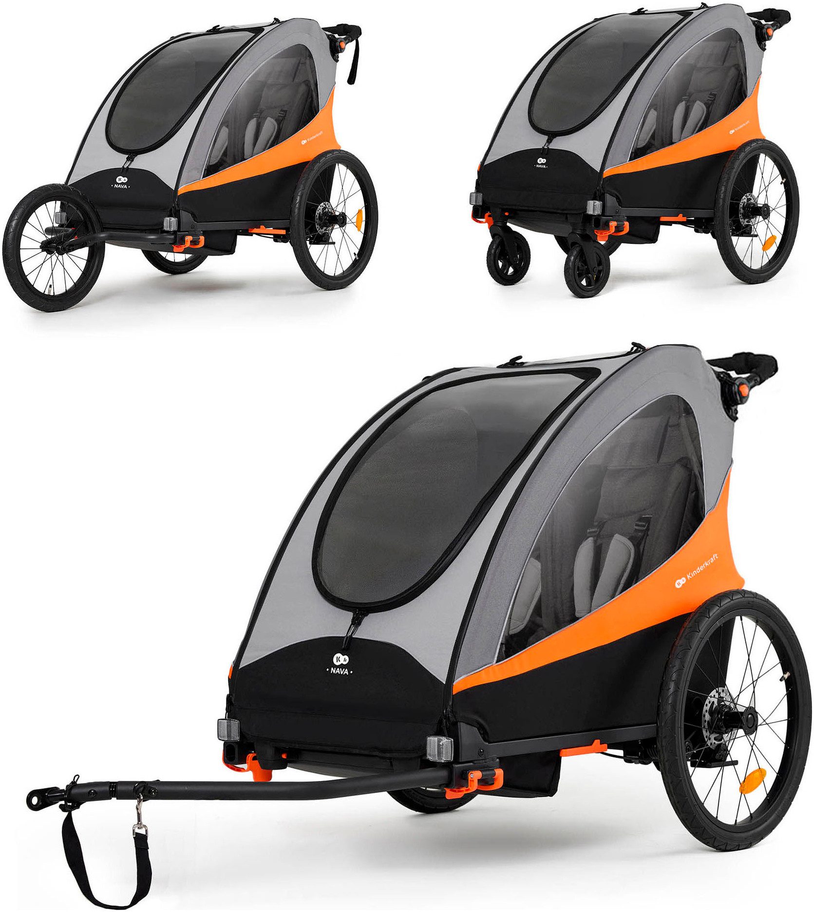 Kinderkraft Fahrradkinderanhänger NAVA, 3in1 Fahrradanhänger, Buggy & Jogger, Hand- & Fußbremse, für 2 Kinder