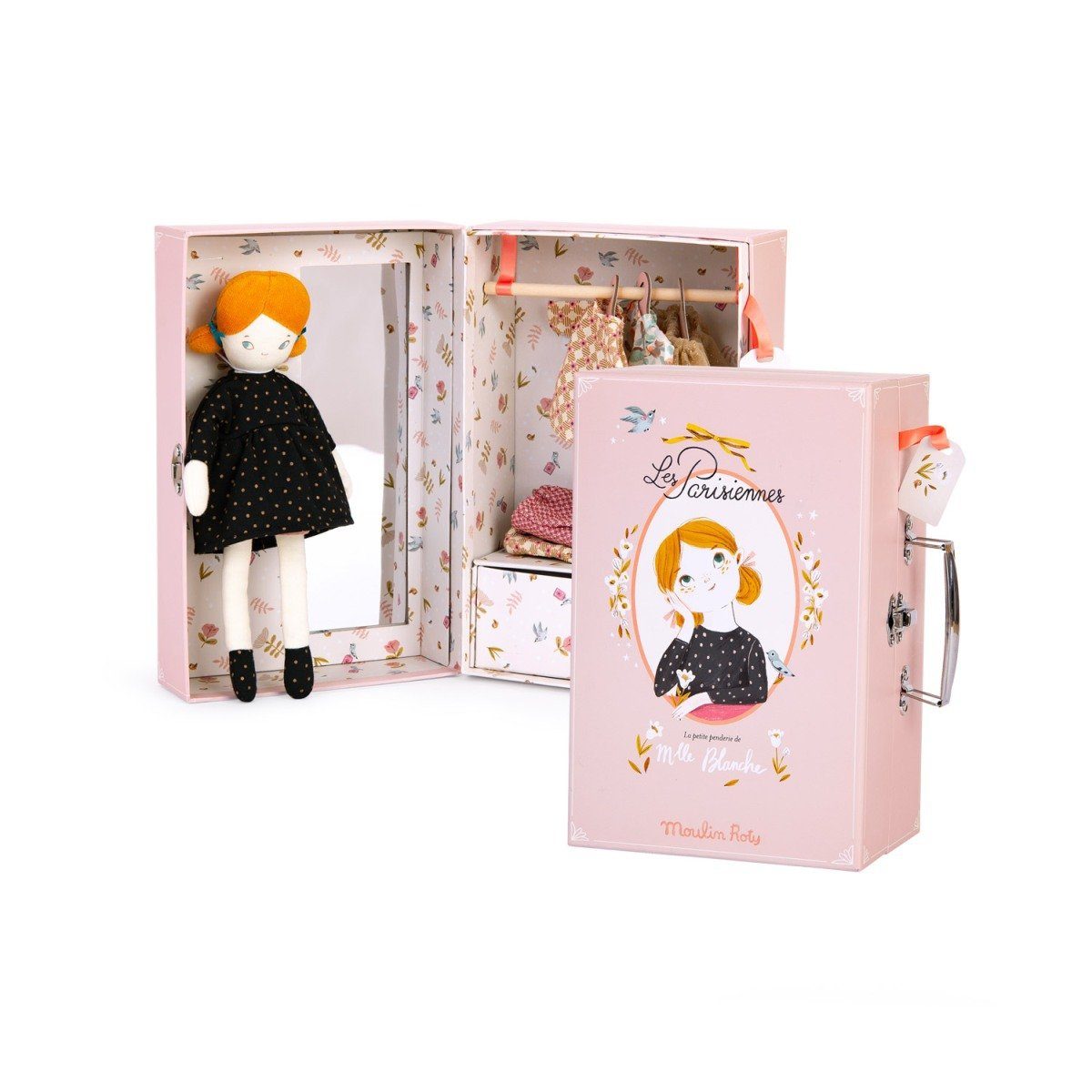 Puppen Reiseset Kleiner Schrankkoffer les Parisiennes mit Stoffpuppe Koffer 3 Outfits
