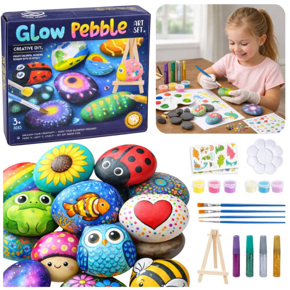 LEAN TOYS Spiel DIY-Kreativset zum Bemalen von Steinen, Leuchtfarben, Glitzerkleber