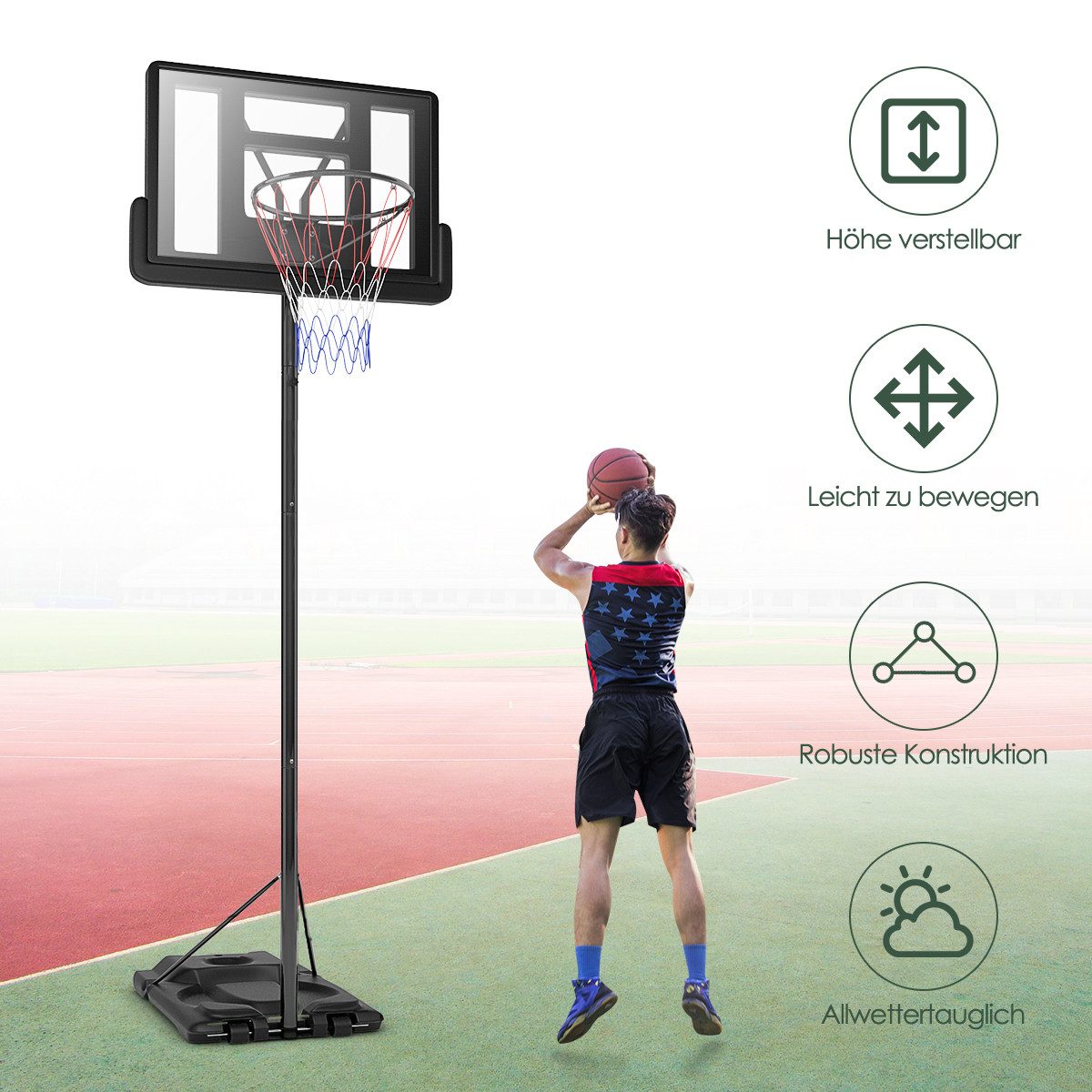 COSTWAY Basketballkorb, Basketballständer 180-305 cm höhenverstellbar mit 2 Rädern