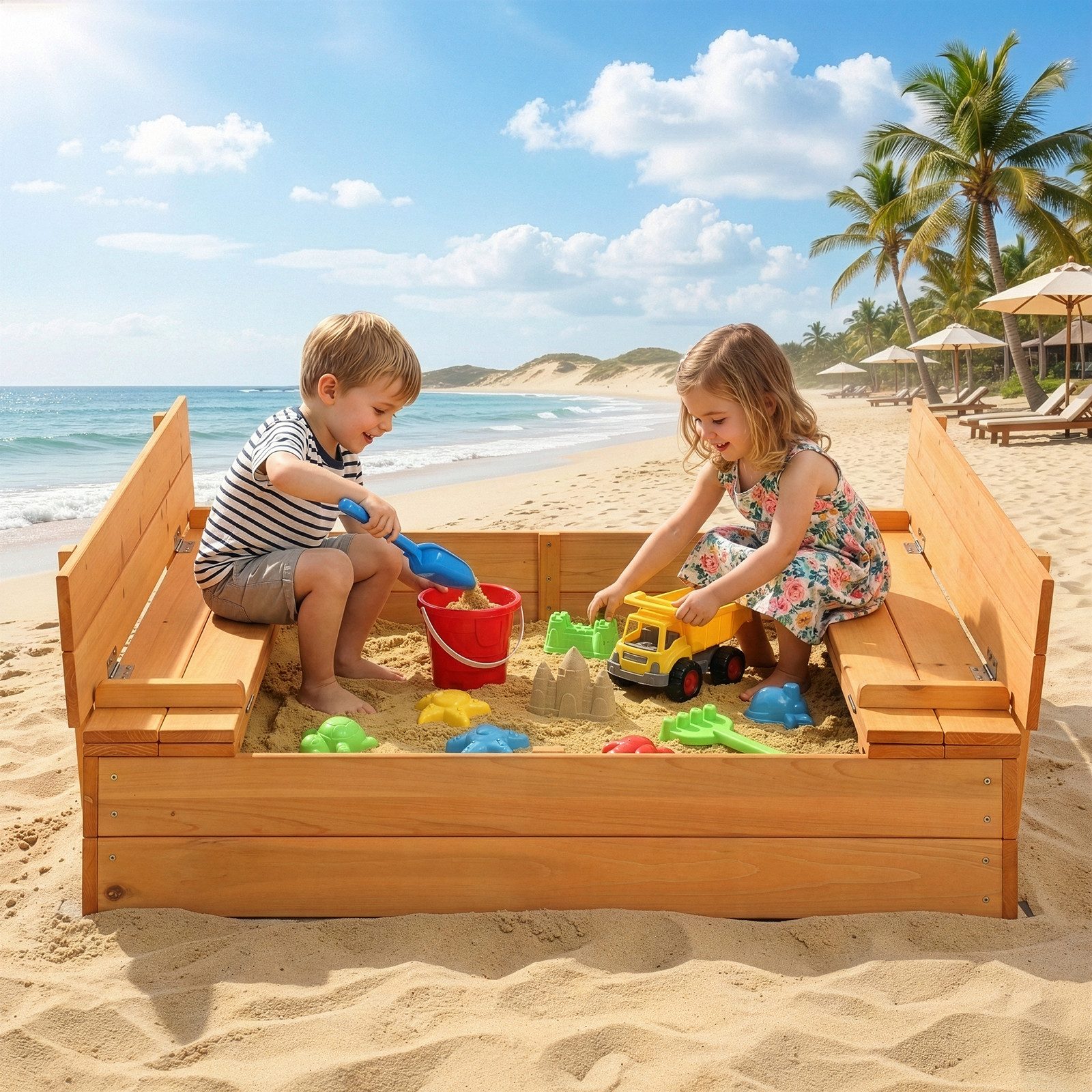 LALAHO Sandkasten mit Abdeckung Sandkasten Holz 110x110 cm , mit Sitzbänken, Braun Holzsandkasten Sandbox mit Deckel