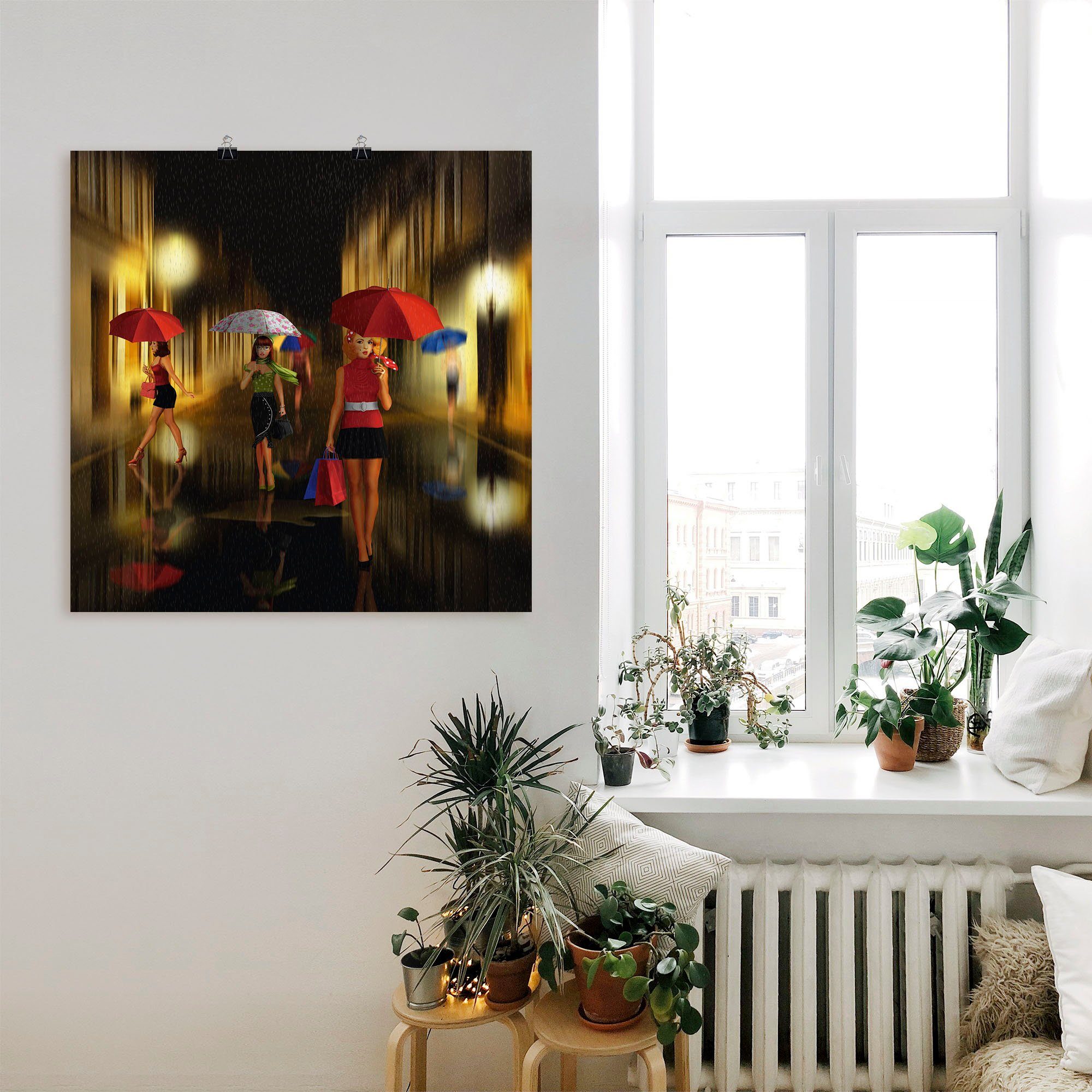 Artland Poster Frauen beim Einkaufen im Regen, Frau (1 St), ohne Rahmen