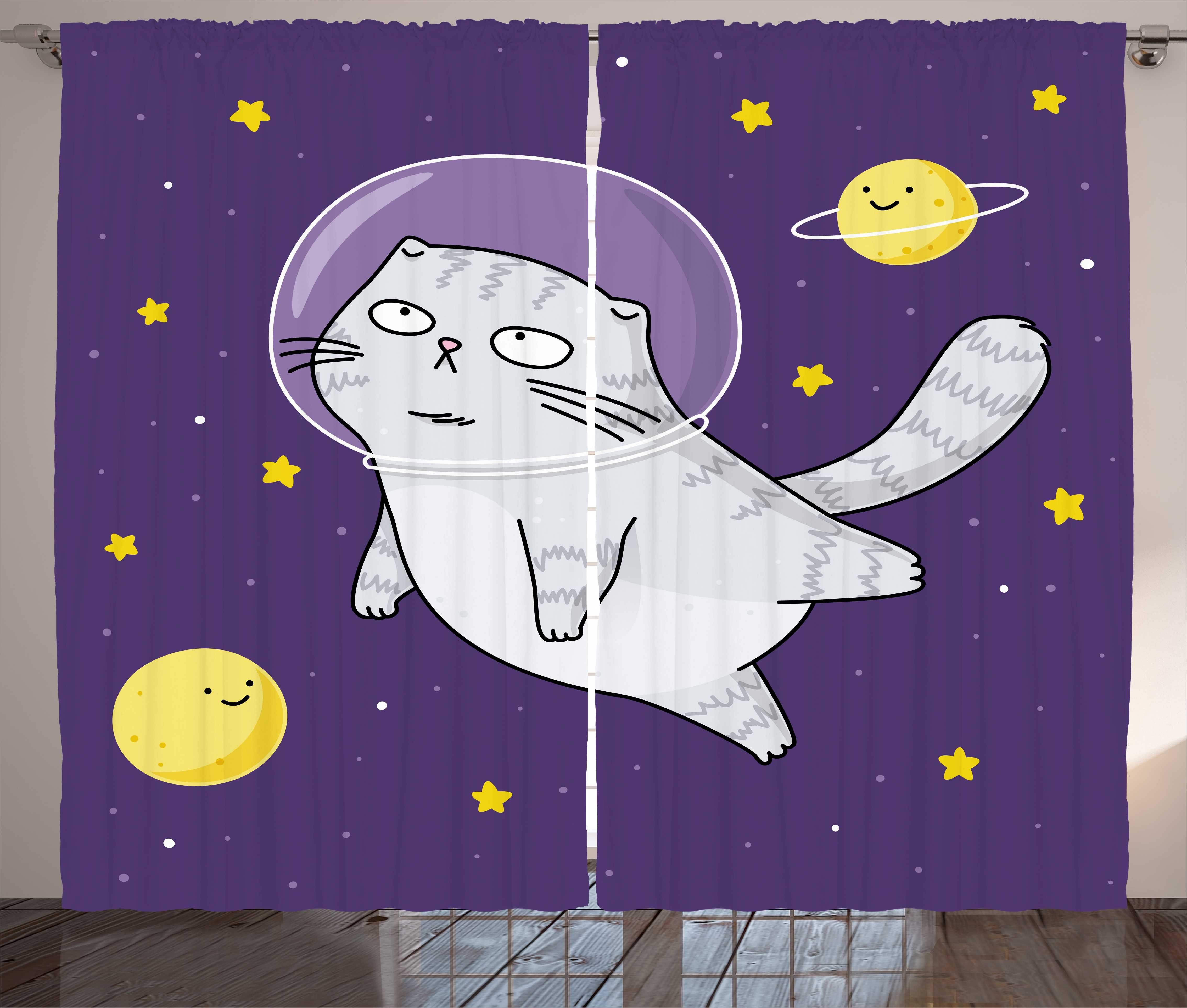 mit Gardine Schlaufen Astronaut Kräuselband Weltraum Cartoon Cat Abakuhaus, Vorhang Haken, Schlafzimmer und