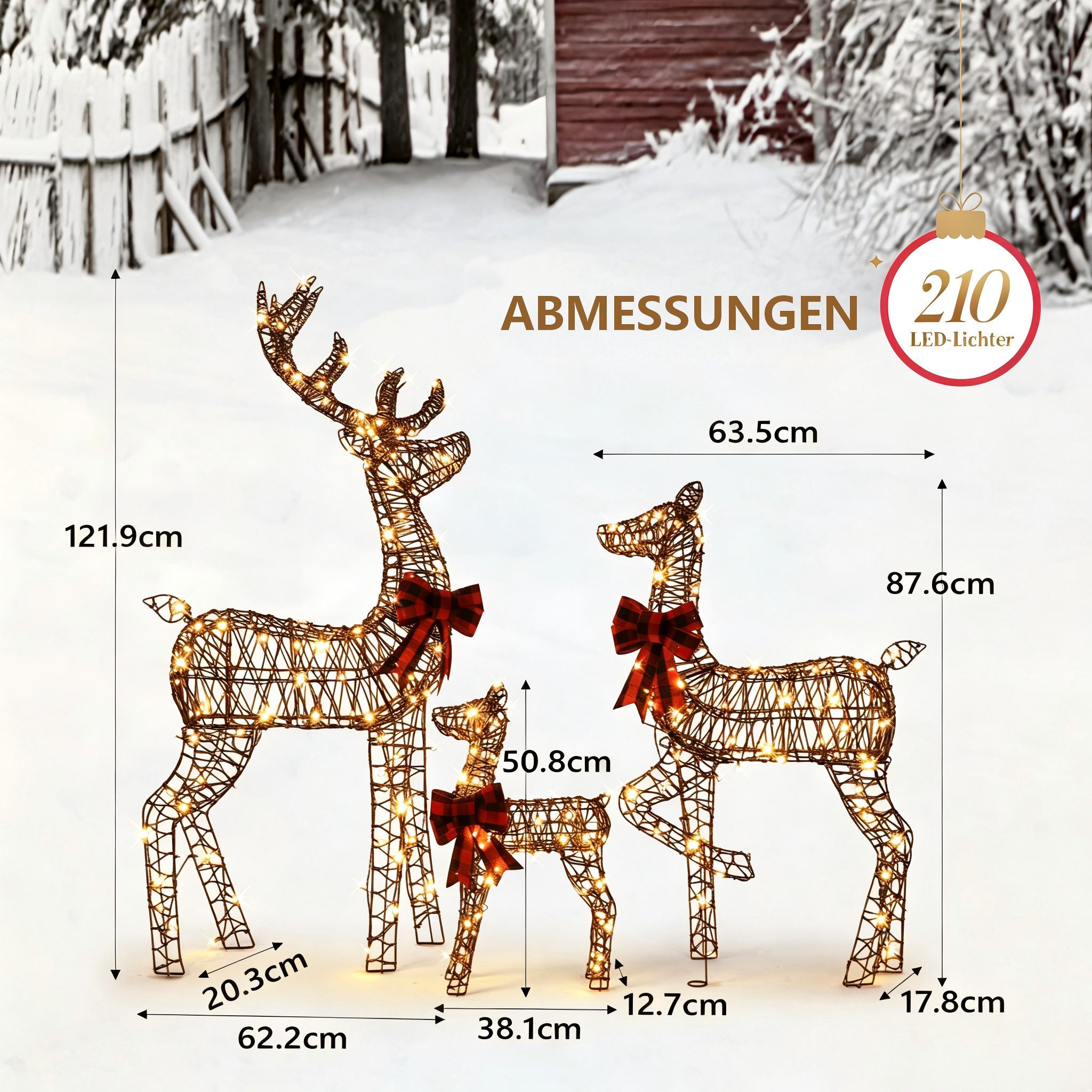 VINGLI LED-Dekofigur Leuchtendes Weihnachtsdeko, 3-teiliges Rentier-Familien-Set, Weihnachtsfigur mit 210 Warmweiße Lichtern, Wetterfest, 122 cm, Braun – Bild 2 von 5