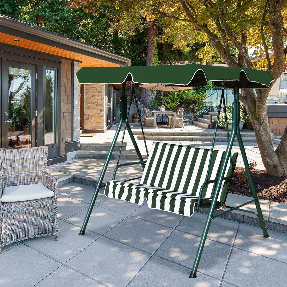 COSTWAY Hollywoodschaukel Gartenschaukel, 2-Sitzer Sonnendach, Grün mit Gartenliege