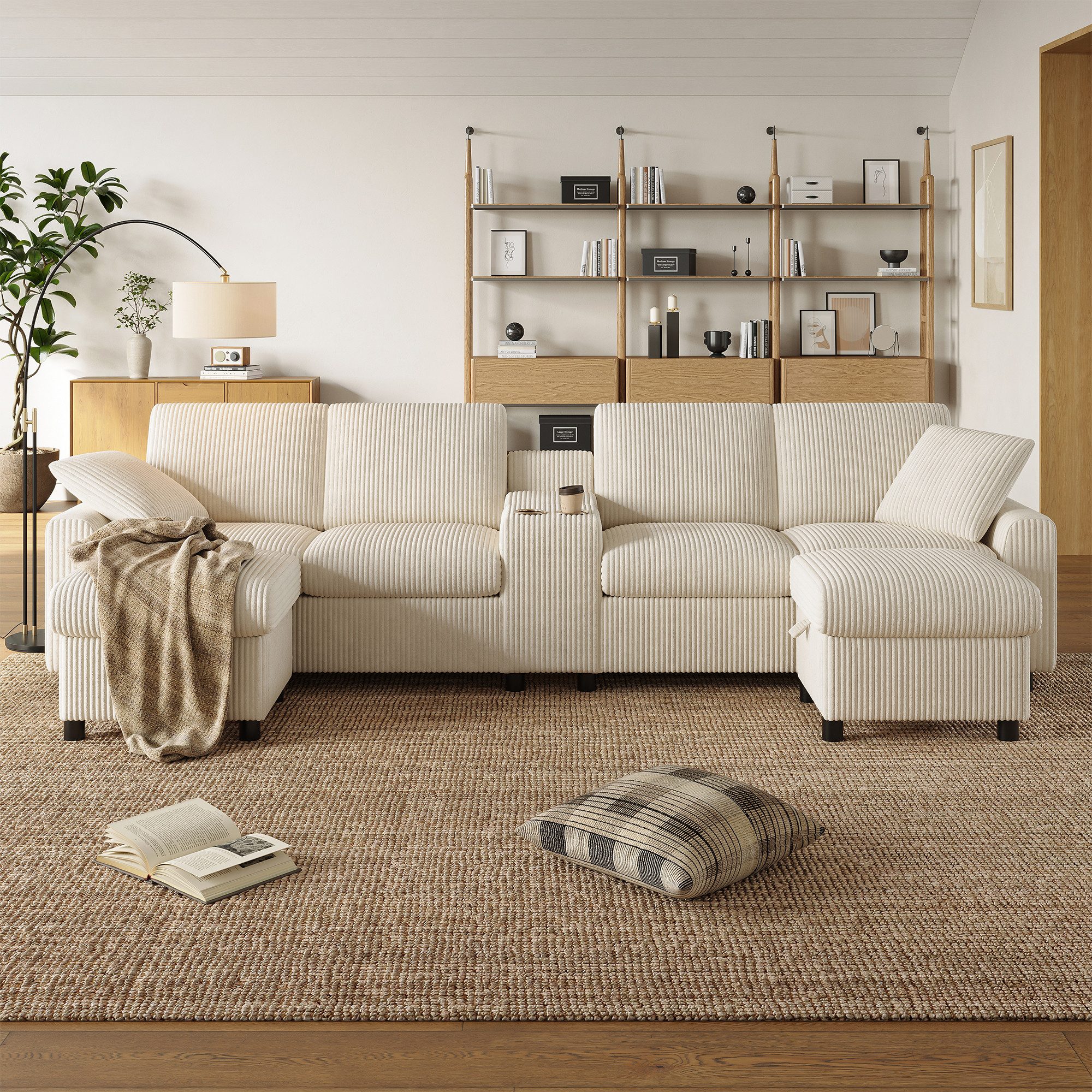 Merax Ecksofa 4-Sitzer U-Form Sofa mit 2 Hockern, 1 Teile, mit Bettkasten, Couch, Cord Stoff