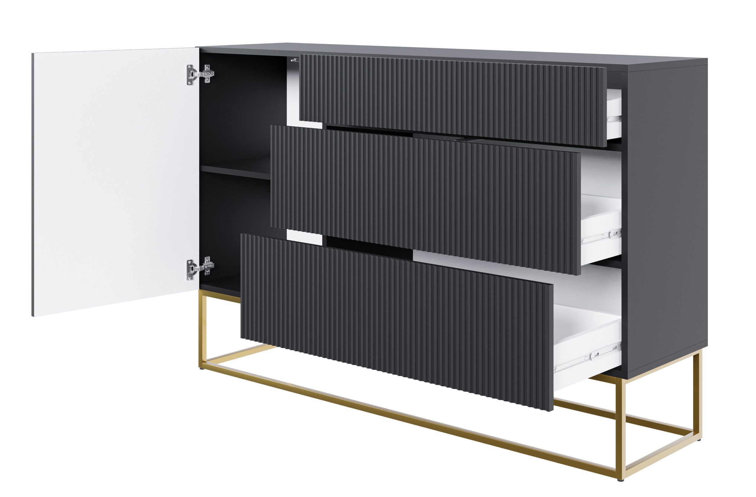 Selsey Sideboard VELDIO, 1-türig mit 3 Schubladen und Gestell in Gold, 140 cm