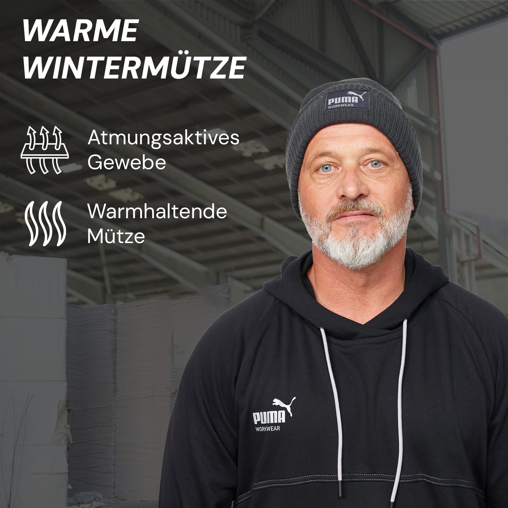 PUMA Workwear Beanie Mütze Herren Winter - Strickmütze mit Wärmepolsterung für die Ohren Atmungsaktive & Elastische Wintermütze Perfekt für Outdoor Aktivitäten