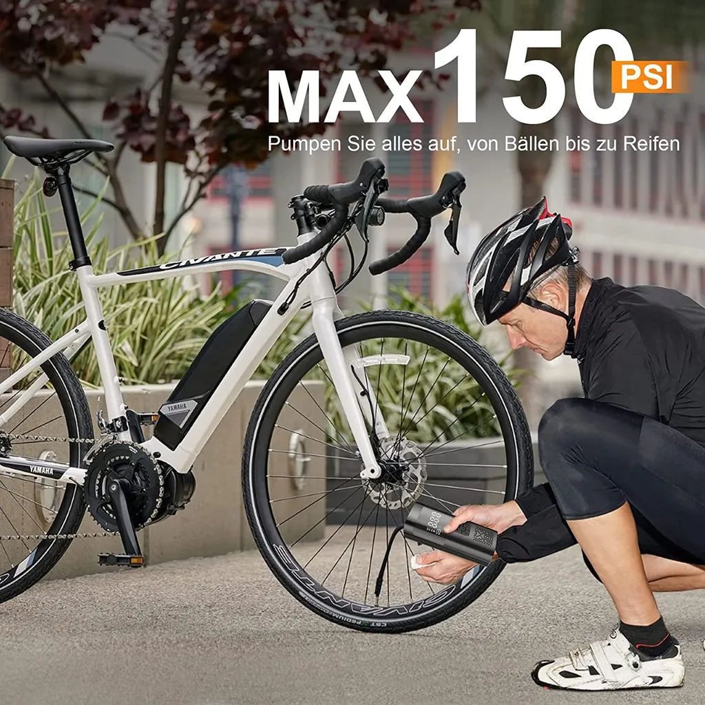 MODFU Luftpumpe Tragbare Auto-Luftpumpe mit Akku & digitalem Display (1-tlg., 150 PSI Kompressor mit LED-Licht, automatischer Abschaltung), Zubehör für Reifen von Auto, Fahrrad & Motorrad