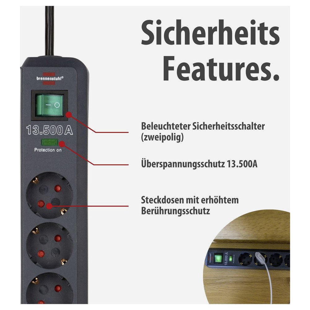Brennenstuhl Eco-Line Steckdosenleiste mit Überspannungsschutz 1159710515 Steckdosenleiste, erhöhter Berührungsschutz, mit Schalter, Überspannungsschutz – Bild 2 von 5