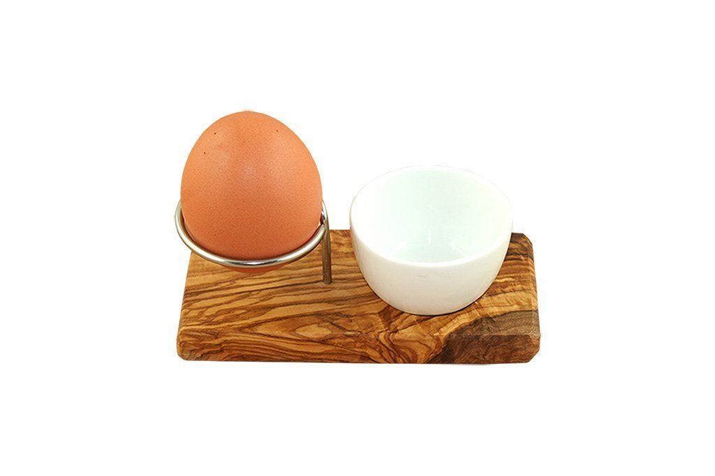 Olivenholz-erleben Eierbecher Eierhalter DESIGN PLUS aus Olivenholz, (1-tlg), handlich, mit Porzellanschale, 100% Olivenholz, Unikat