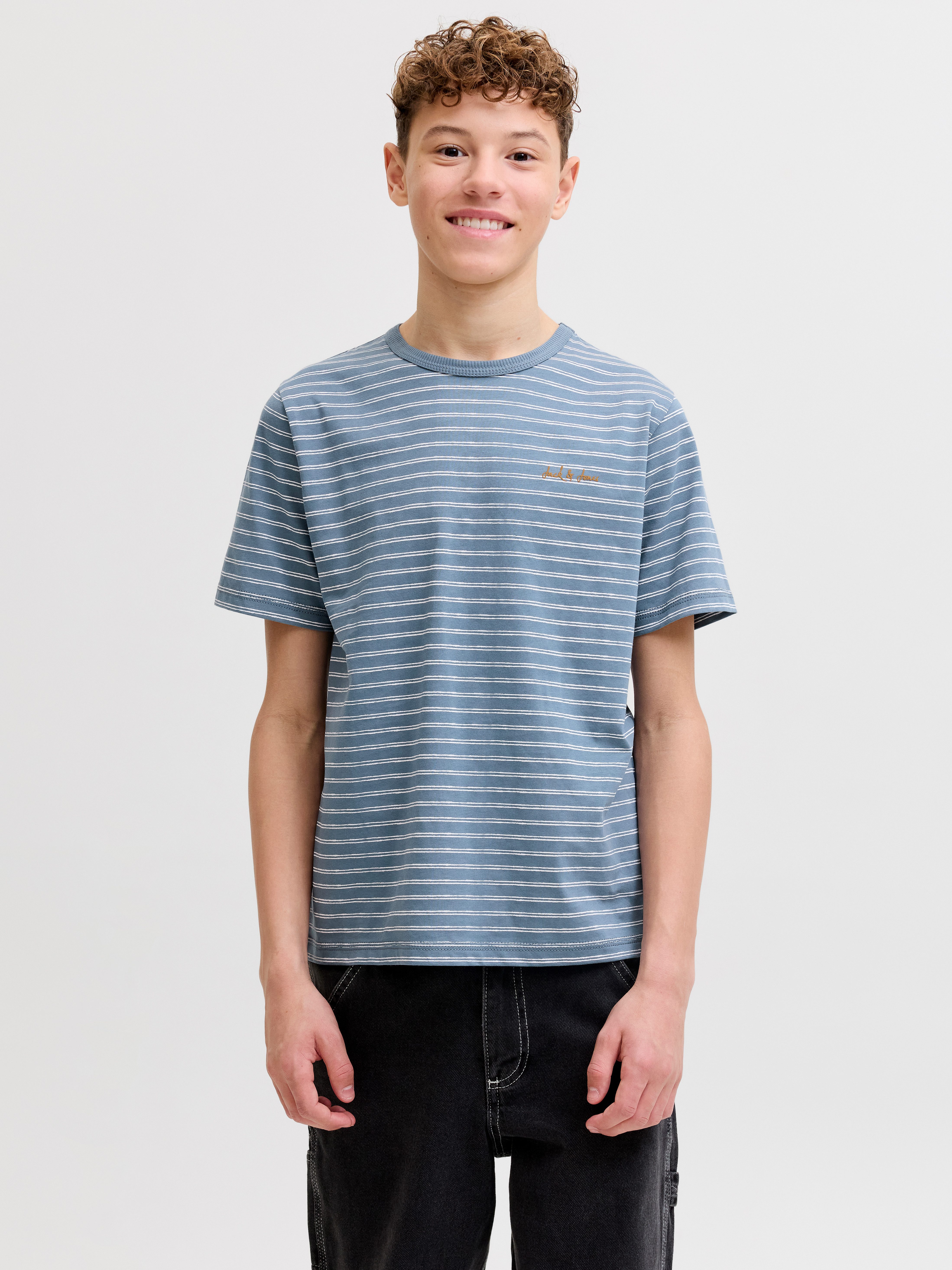 Jack & Jones Junior T-Shirt JJDEVIN DAYTONA STRIPED TEE SS CN JNR mit dezenter Logostickerei