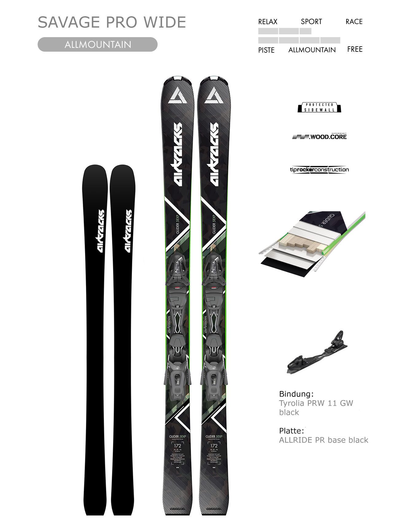 Airtracks Ski Airtracks Savage Pro Wide Allmountain Ski mit Bindung Tyrolia PR 11 GW, Ski Längen 172cm, 182cm - Modell 2025