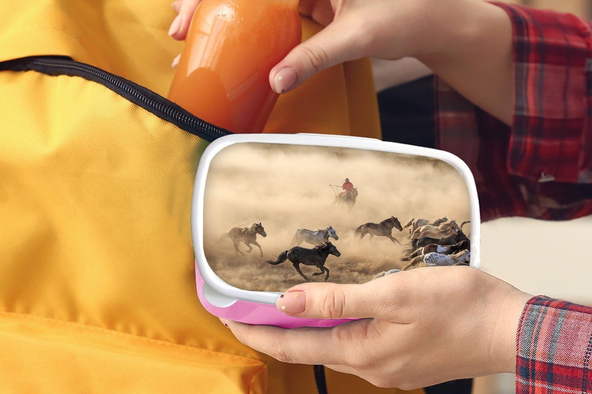 Erwachsene, Kunststoff Kunststoff, Mongolei, rosa Brotdose Pferde in MuchoWow Kinder, Snackbox, (2-tlg), der Lunchbox für Mädchen, Brotbox mongolische Galoppierende