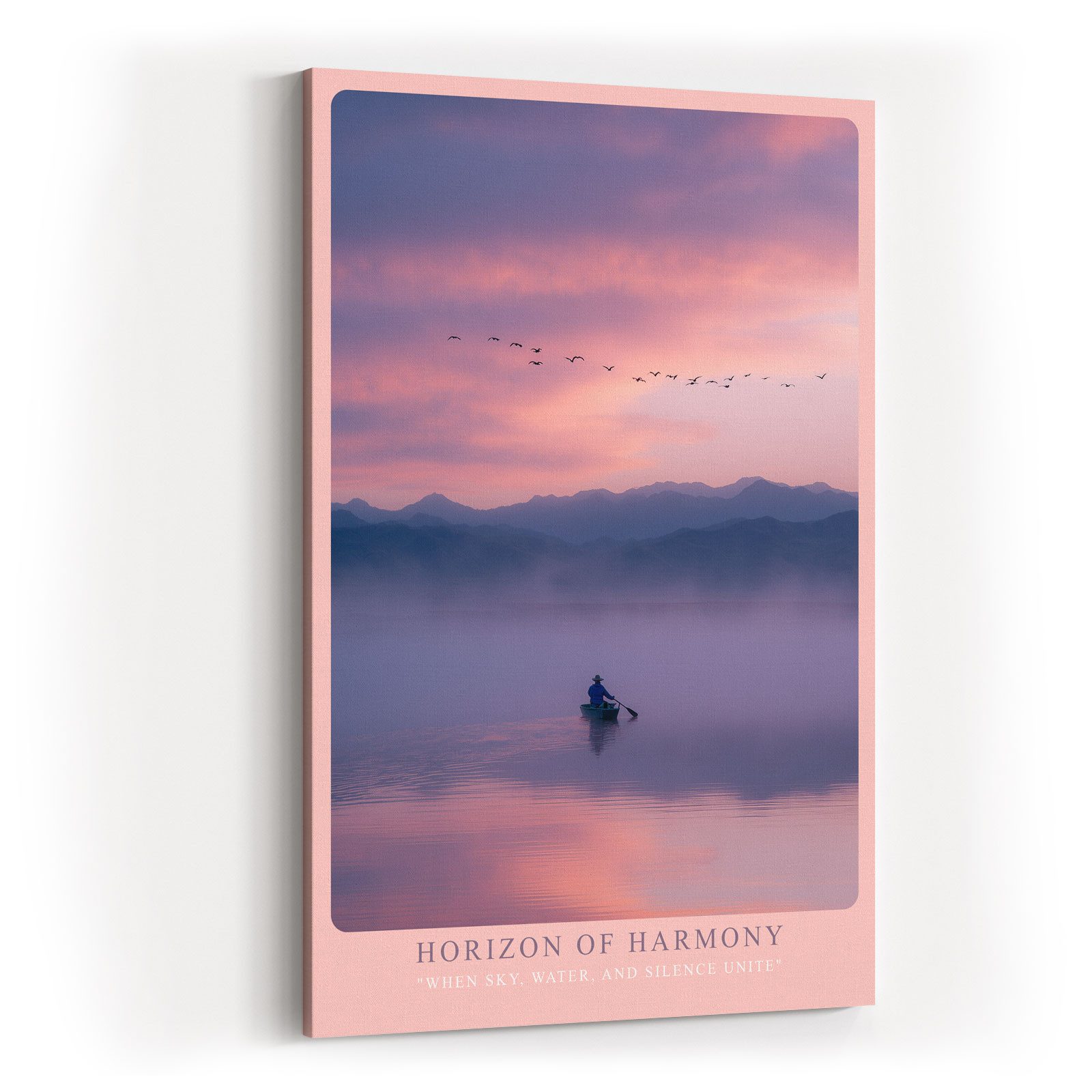 Sinus Art Leinwandbild Boot See Nebel Berge Sonnenaufgang Vögel Natur Modern Design Kunst