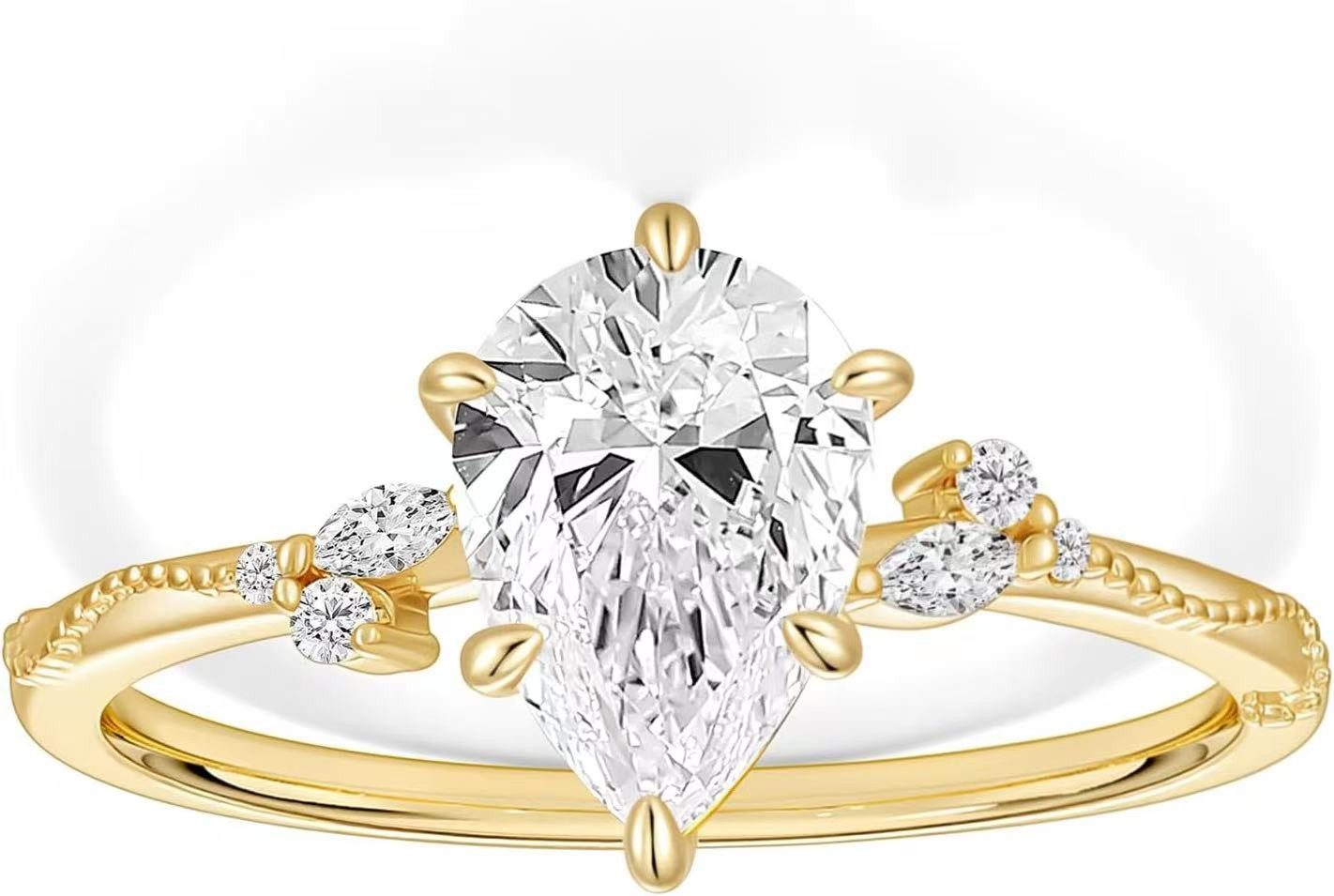 Jumpeak Diamantring Verlobungsring mit 2 ct Birnenschliff-Diamant aus 14K-(585er)-Gold, FarbeE, Reinheit VS1, Schliff 2EX, IGI-Zertifikat, Diamantring