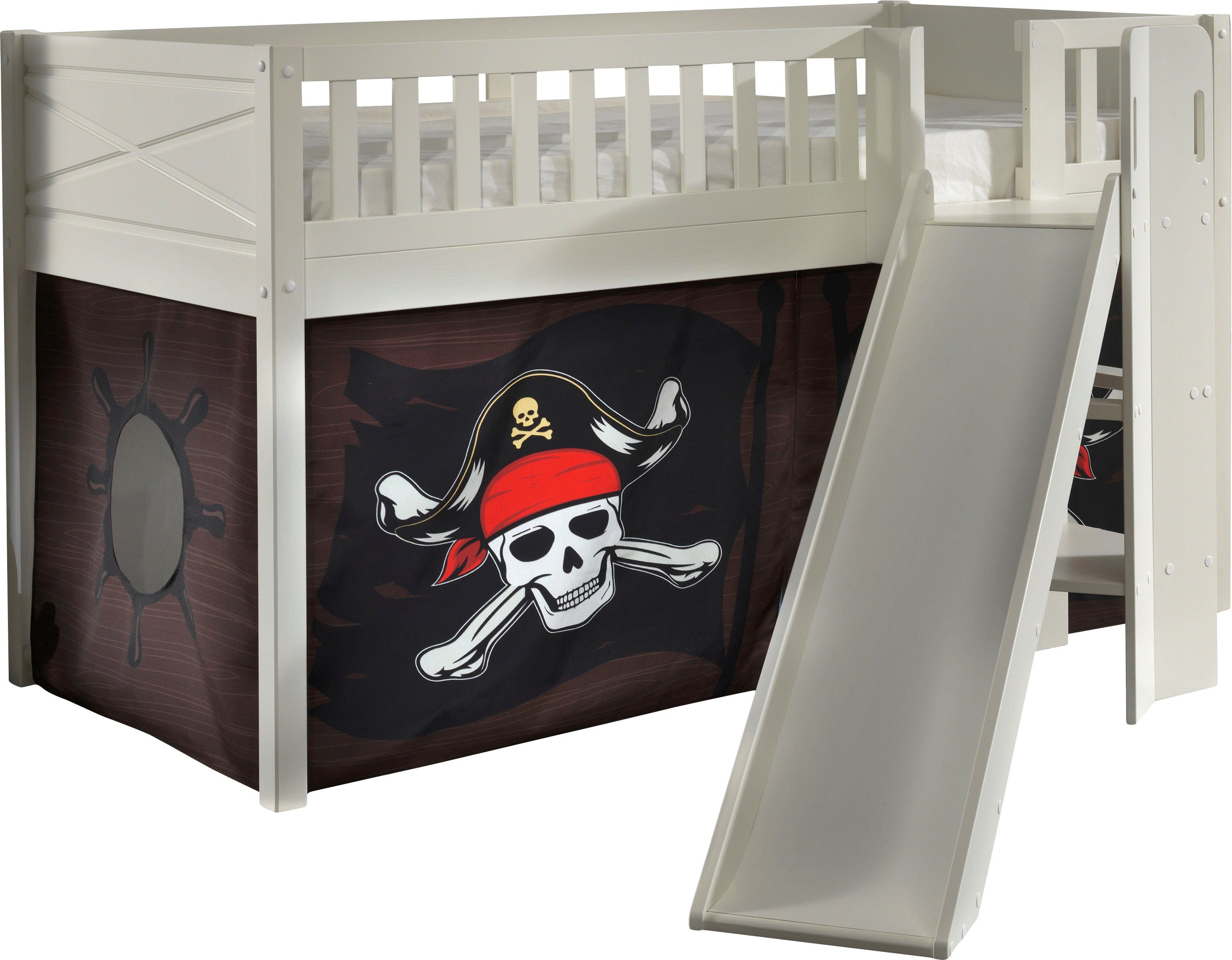 Vipack Hochbett Scott, Spielbett, Kiefer massiv weiß lackiert, mit Rolllattenrost (B/H/T ca. 207,6x114x203,7cm, Kopf-/Fußteil mit Fräsung, stabil gebaut) mit Rutsch-/Leiterturm, LF 90x200 cm, inkl. Vorhang, 7 Designs