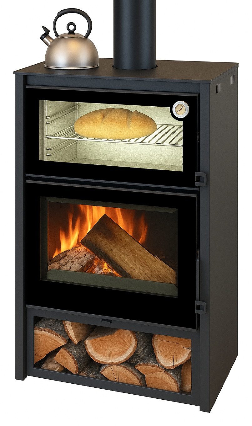 Kaminofen Modena LUX mit XXL-Edelstahlbackfach, schwarz- 7,4kW