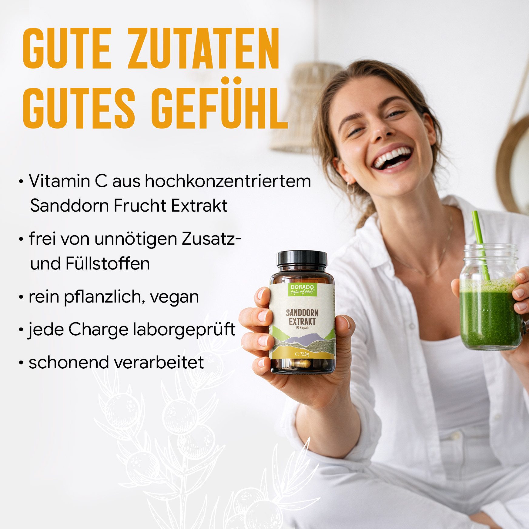 Dorado Superfoods Sanddorn Extrakt Kapseln – 500 mg Frucht – 30% Vitamin C, 120 Stück Kapsel, 72 g