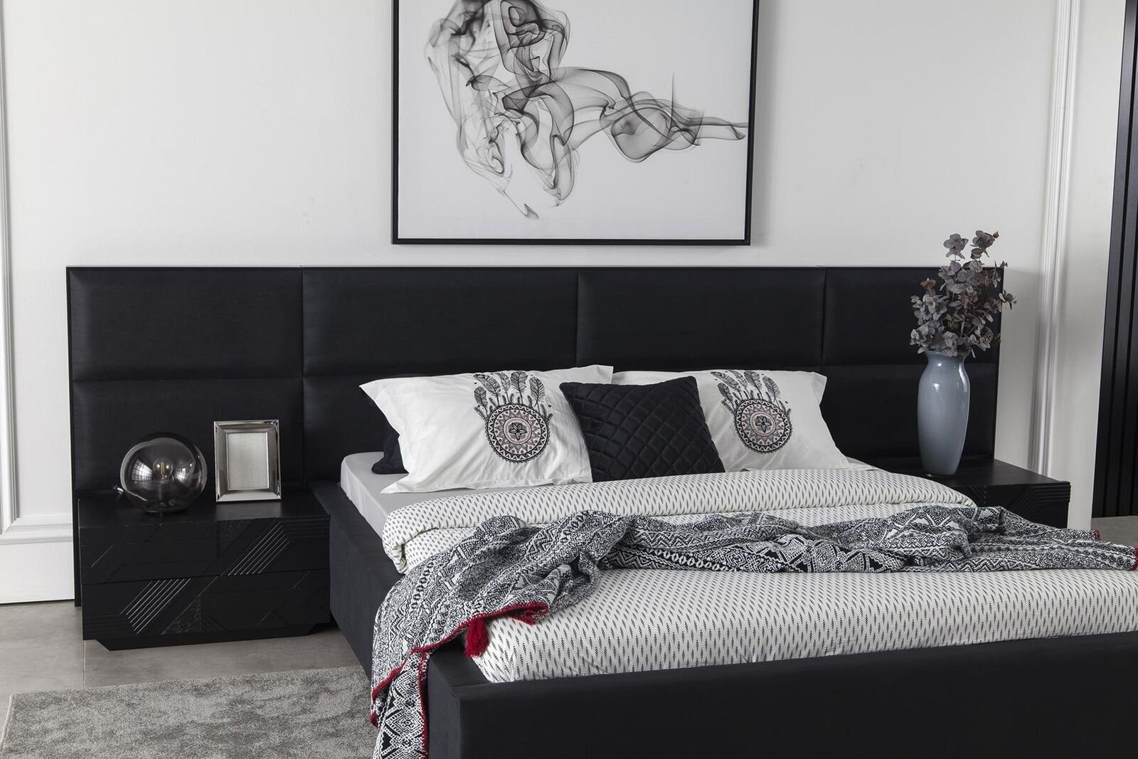 Nachttische), Polsterbett Bett Schlafzimmer Modern (1-tlg., Schwarz Luxuriös Textil Style Made 1x in für ohne Bett nur Europa JVmoebel