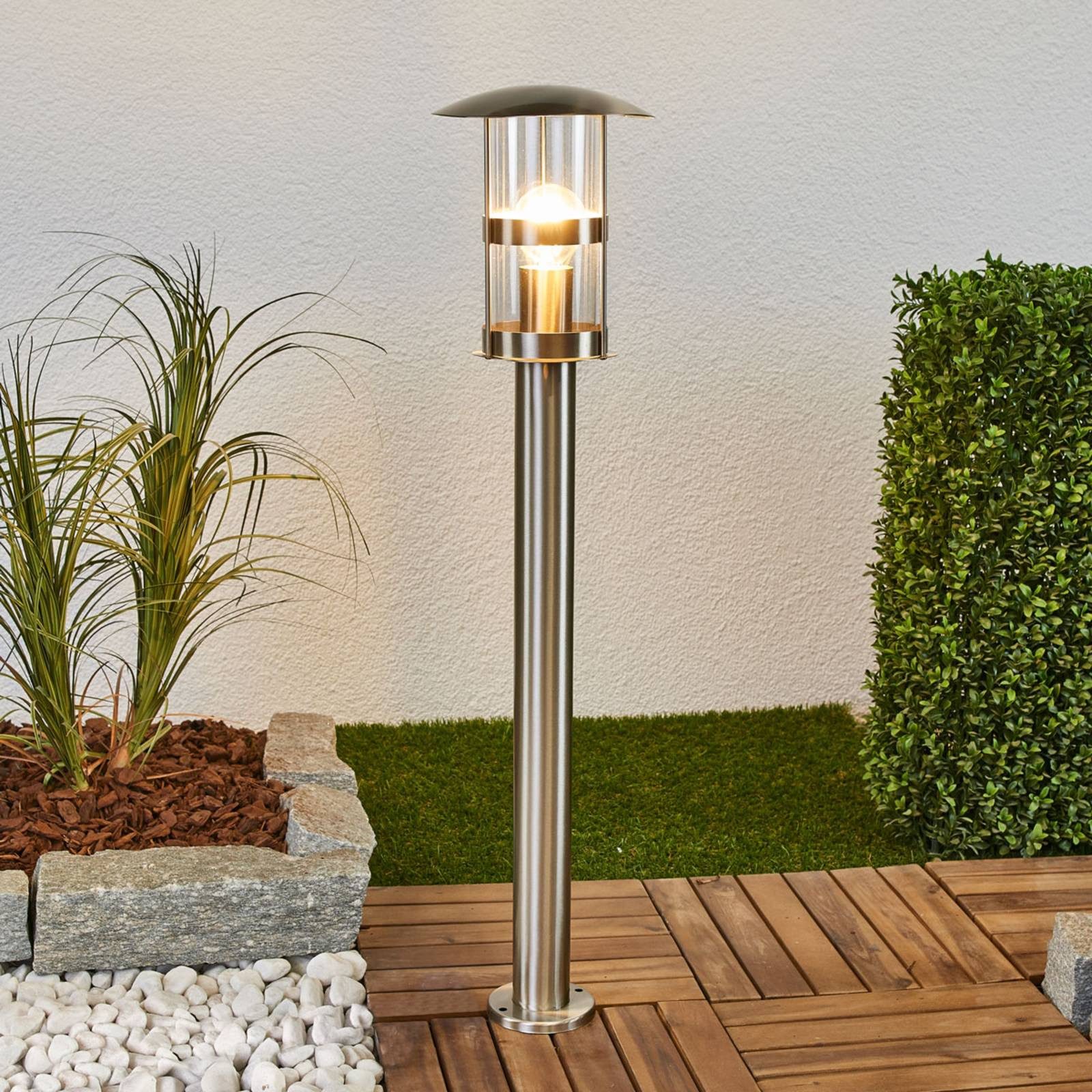 Lindby Außen-Stehlampe Noemi, Edelstahl Alu IP44, 1 x 60 W