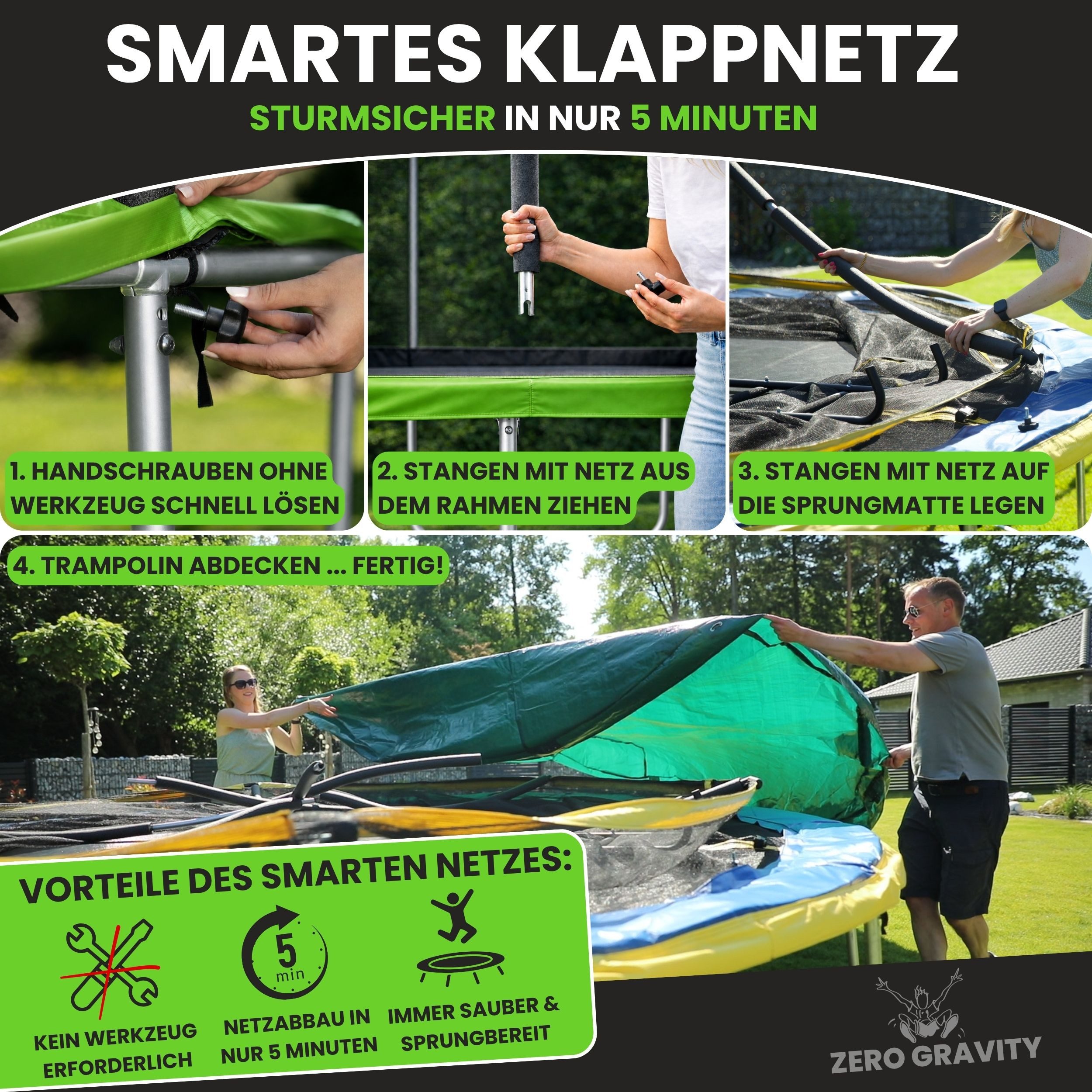 Zero Gravity Gartentrampolin Trampolin Outdoor Ø305cm mit smartem Klappnetz, Ø 305 cm, Schneller Netzabbau in 5 Min ohne Werkzeug