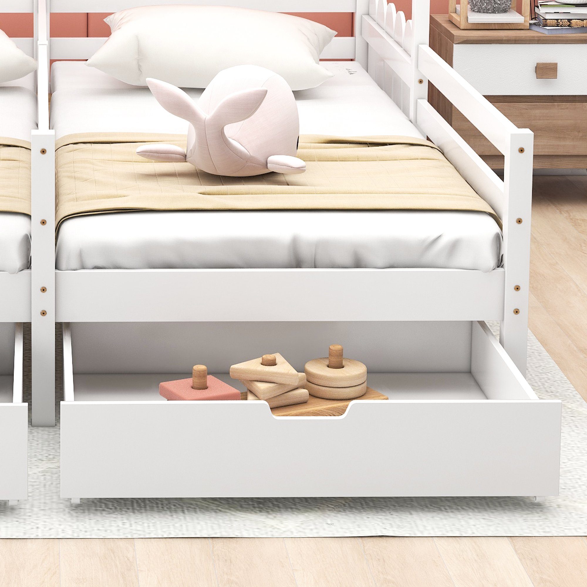 Schlafgelegenheiten, mit SOFTWEARY Rausfallschutz (2-St), Schubladen 2 und Hausbett Kinderbett (90x200 aus cm Holzbett Rollrost Kieferholz, mit Jugendbett