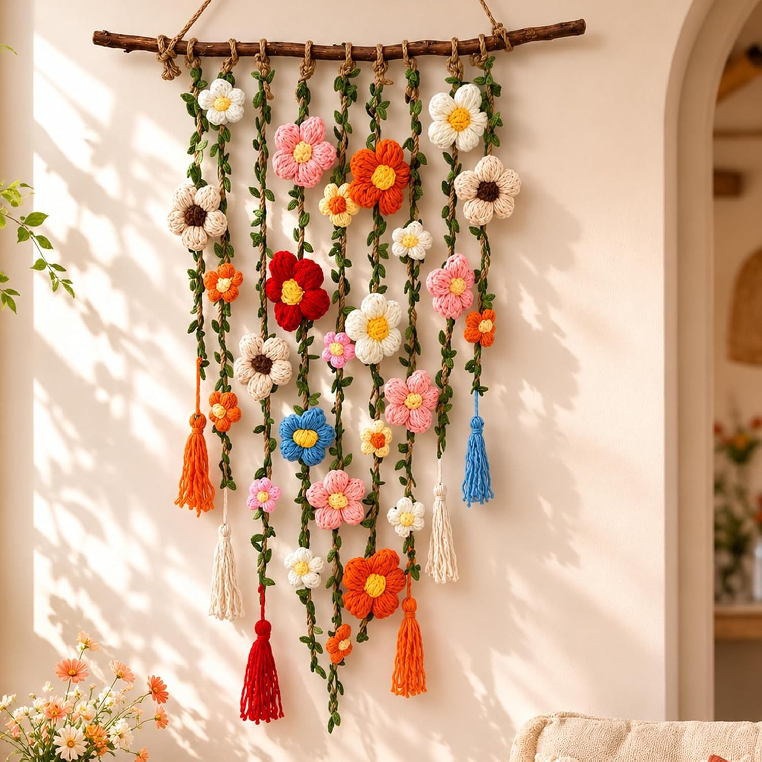 Diwzbyn Dekohänger Makramee-Wandbehang Gehäkeltes Blumendekor, Boho-Wandkunst Dekoration, für Schlafzimmer, Wohnzimmer, Flur, Büro, Café – Bild 4 von 5