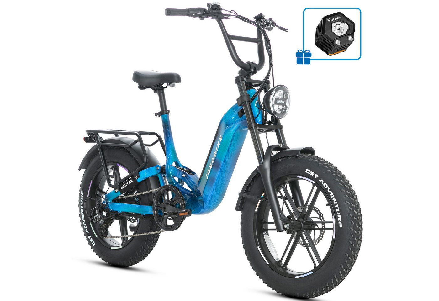 JOBOBIKE E-Bike Mountainbike 20x4,0 Zoll, 720Wh, 150km, Fully, Vollfederung, Lockout-Federgabel, 7 Gang Shimano, Kettenschaltung, Heckmotor, 720 Wh, (Hinterradfederung, LCD-Farbdisplay, integrierte & speichenlose Laufräder), Drehmomentsensor, 130 Lux Fron