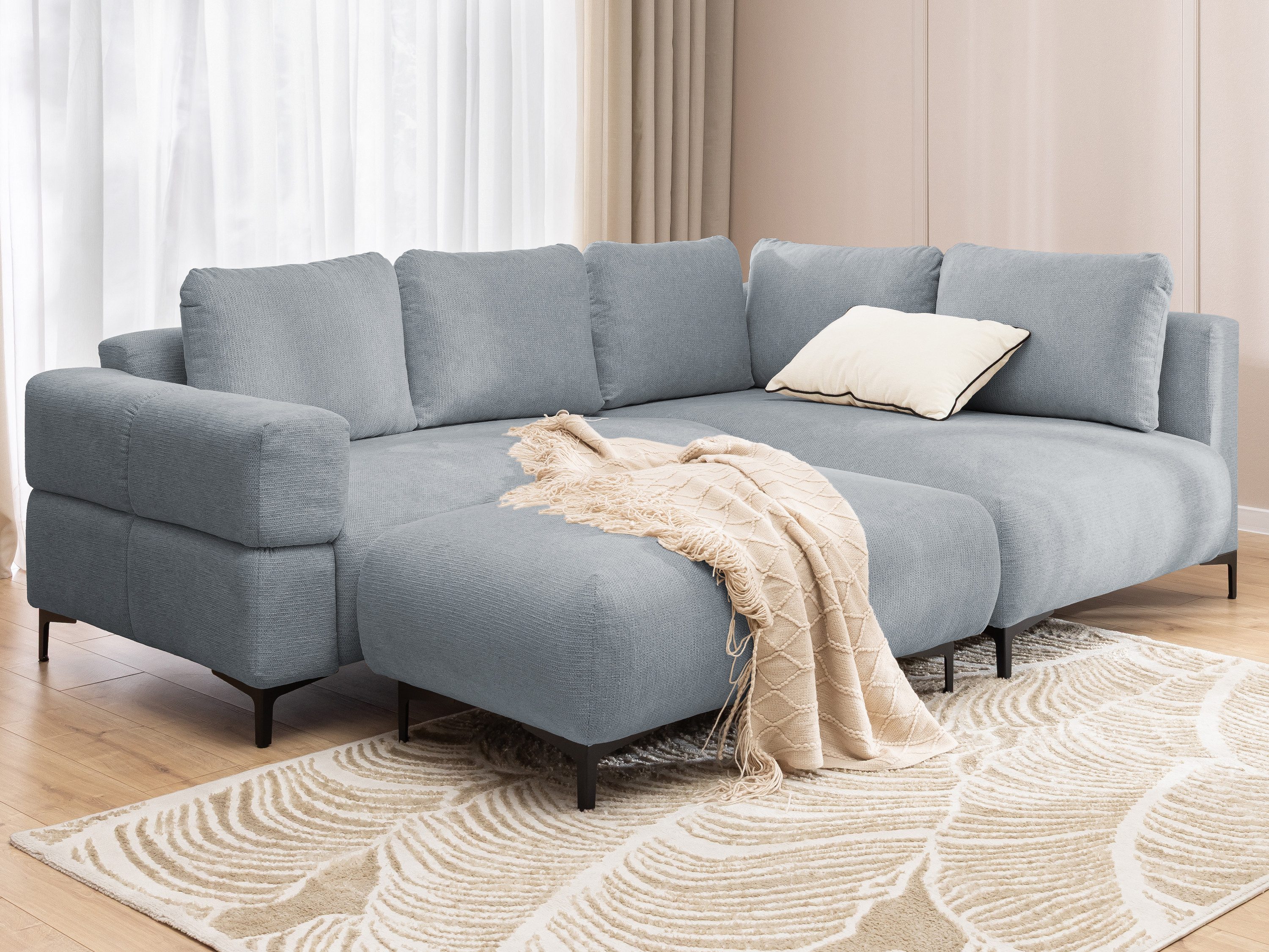 S-Style Möbel Ecksofa und Hocker Cardea mit Schlaffunktion in Bubble-Optik, aus weichem Strukturstoff, mit Wellenfederung