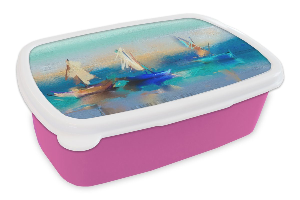 MuchoWow Lunchbox Gemälde - Ölfarbe - Boot - Abstrakt, Kunststoff, (2-tlg), Brotbox für Erwachsene, Brotdose Kinder, Snackbox, Mädchen, Kunststoff rosa
