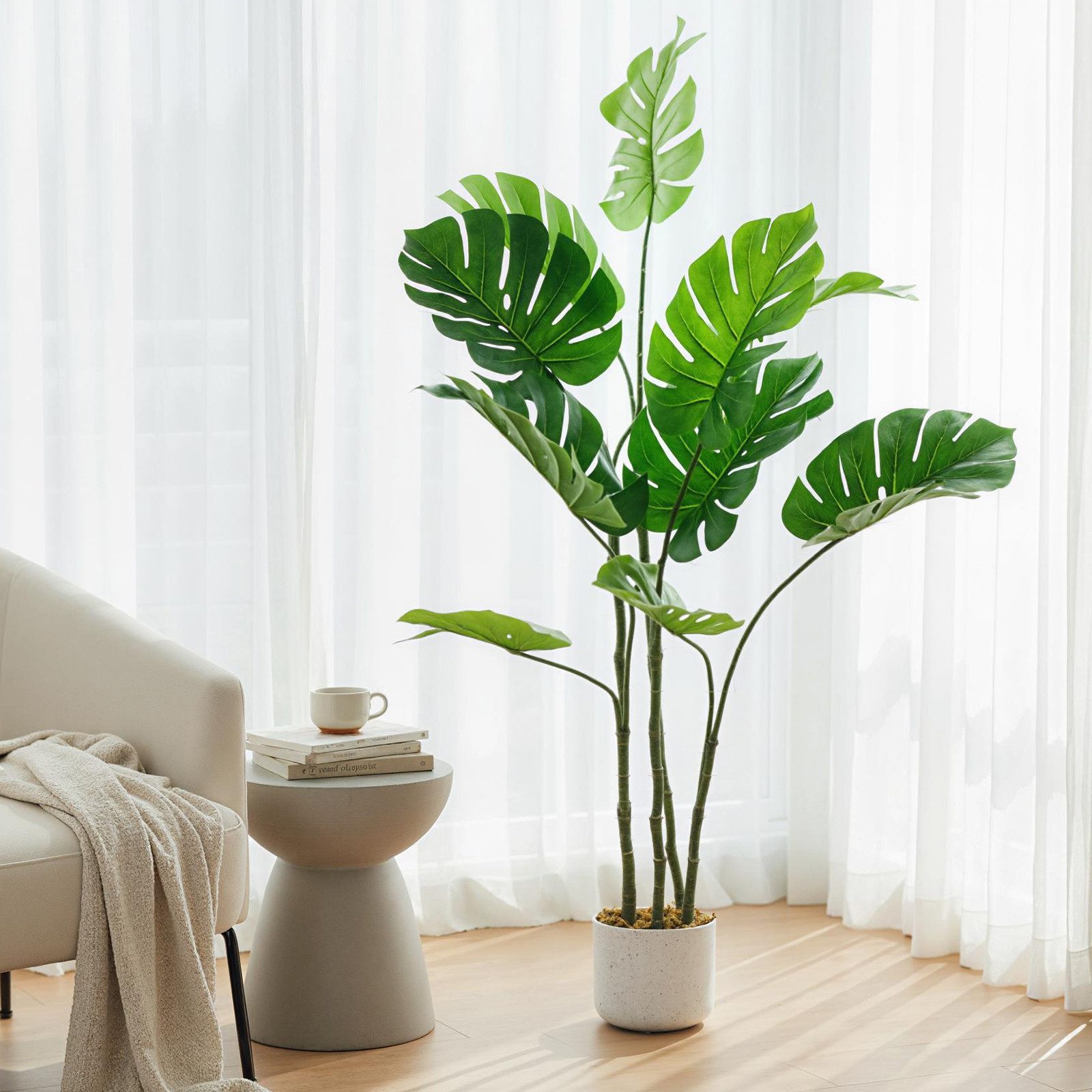Kunstpflanze Künstlicher Monstera Deliciosa mit Topf Groß Kunstpalme für Indoor, GarveeMore, Höhe 120 cm, Höhe 110cm/120cm – Bild 3 von 5