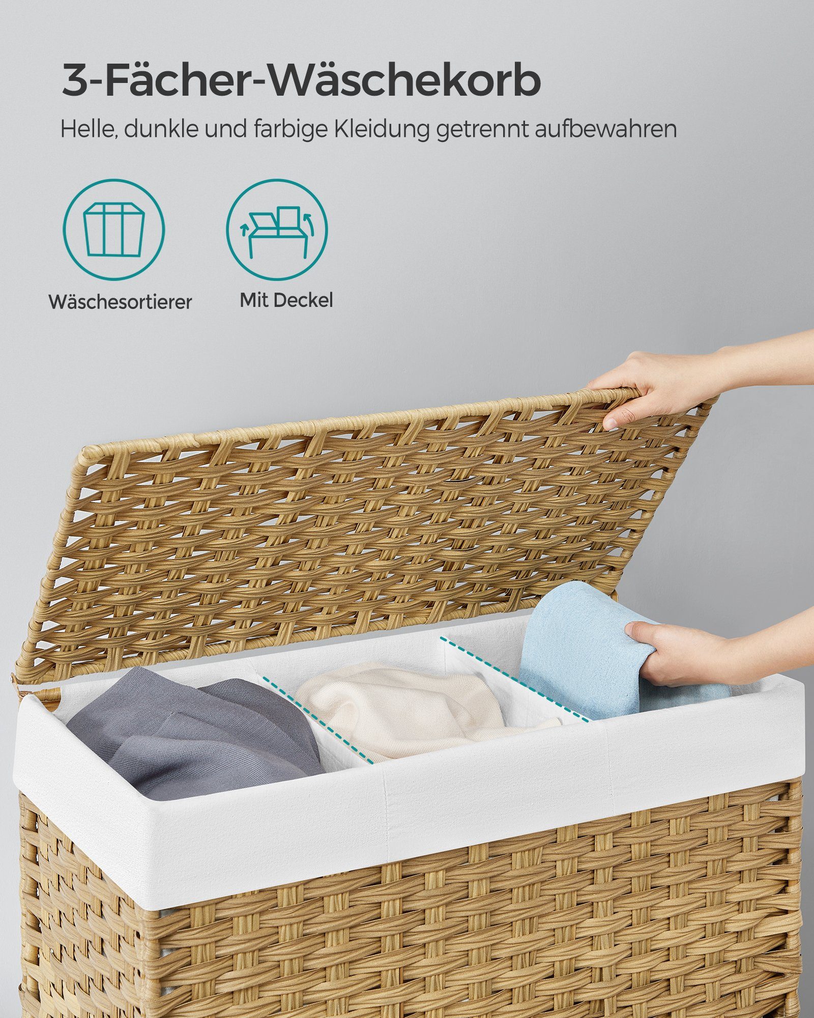 SONGMICS Wäschekorb mit Deckel, Wäschesammler 3 Fächer, Wäschesortierer mit Rollen, 140 L, Wäschesack herausnehmbar, für Waschküche, 66 x 33 x 66 cm