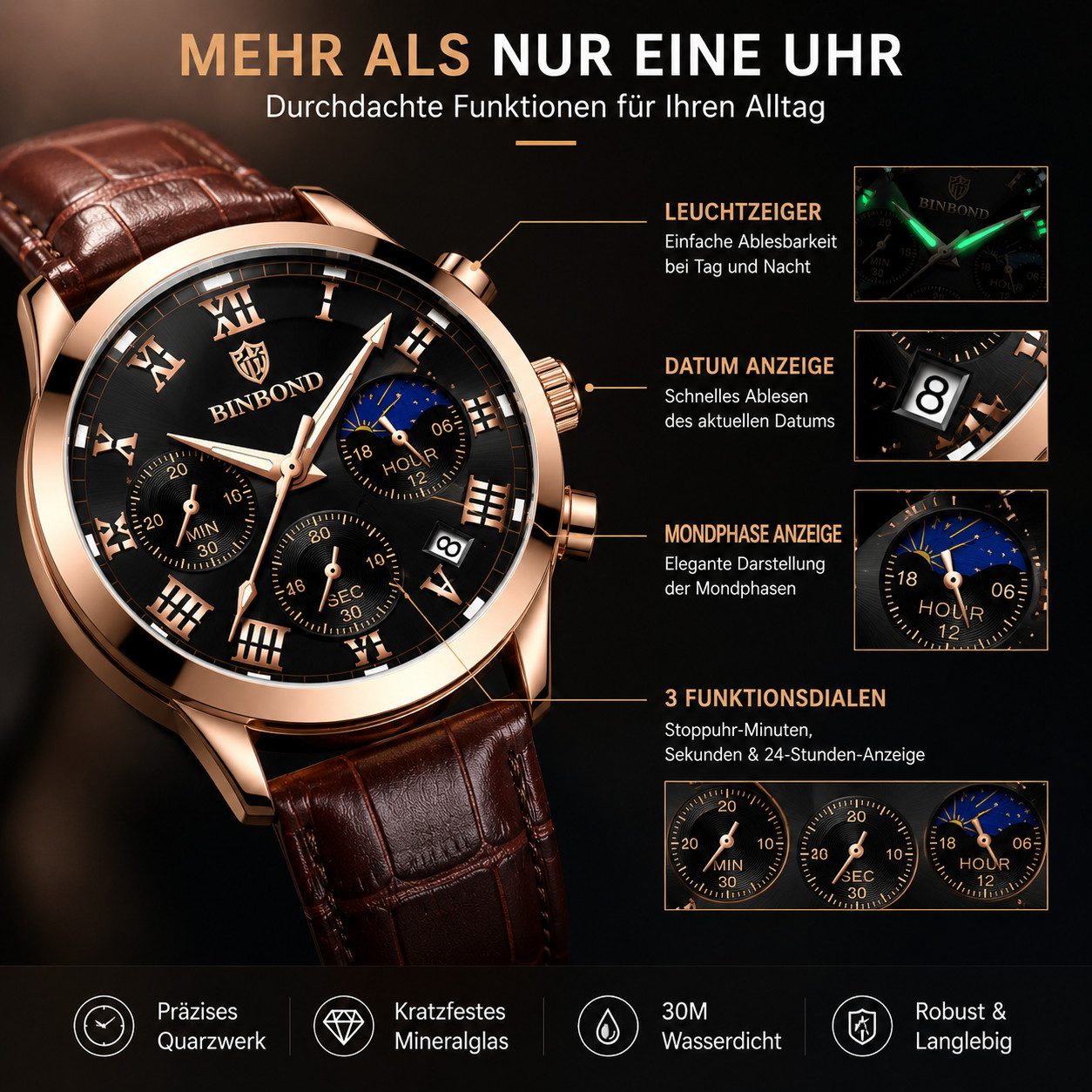 Forrlite Quarzuhr Herrenuhr Leder Herren Armbanduhr, Business Quarzuh Leuchtzeiger, (Multifunktionsuhr Armbanduhr, Lederarmband Armbanduhr, Chronograph Armbanduhr, Geschenk für Männer)