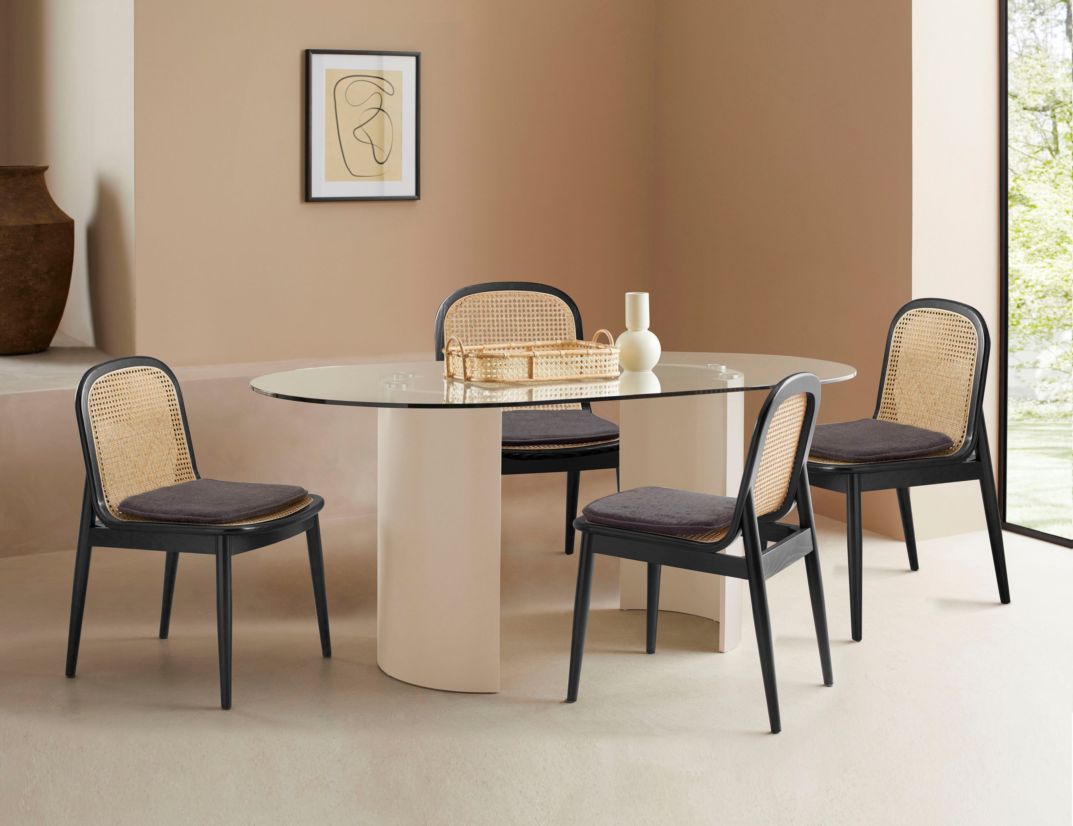 LeGer Home by Lena Gercke Esszimmerstuhl Mavie (Set), 2er-Set, Massivholz mit Rattaneinsatz, inkl. Sitzkissen
