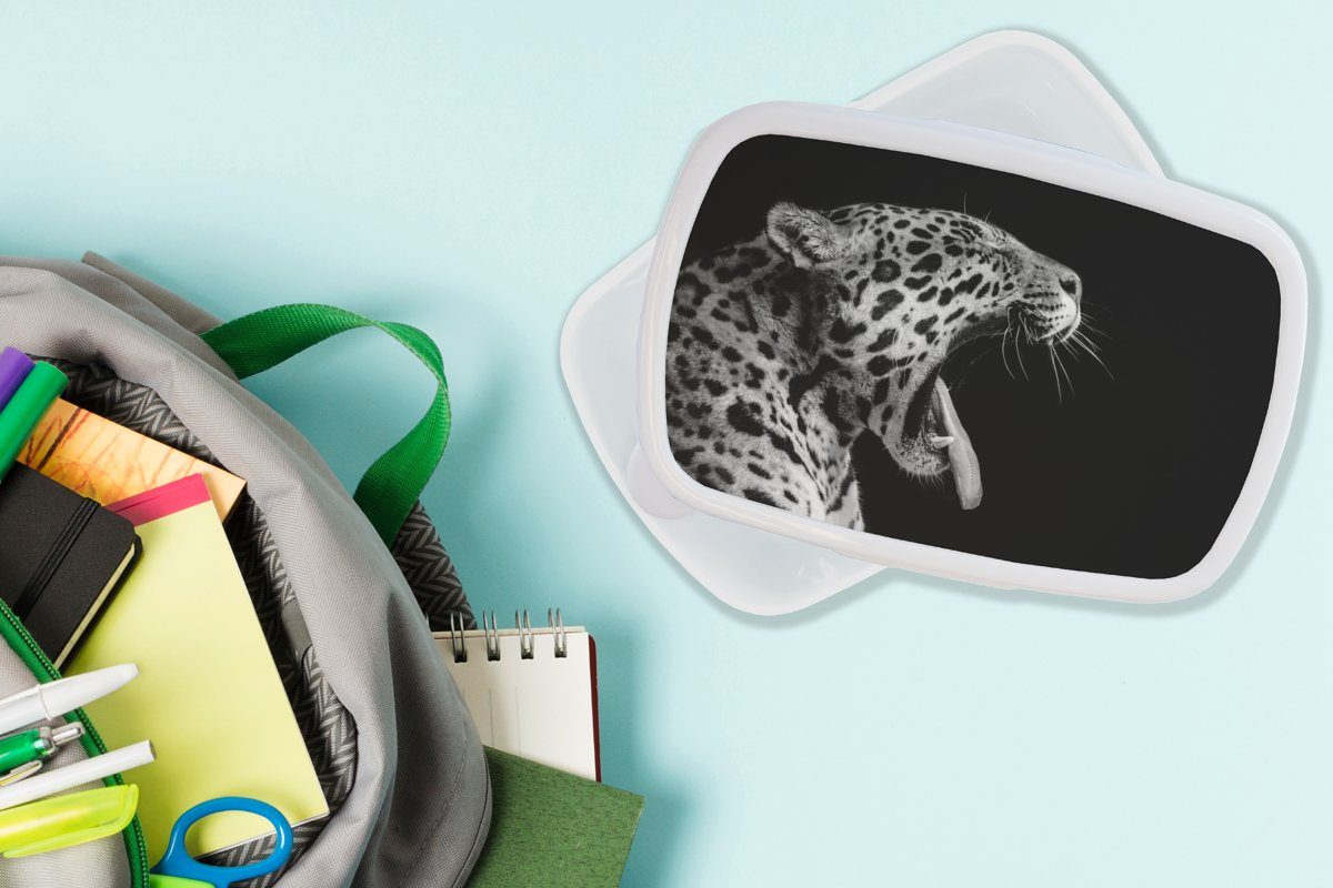 MuchoWow Lunchbox Jaguar Weiß, - und Brotbox für Mädchen - und - Jungs Brotdose, für Schwarz Tier Kinder Erwachsene, Kunststoff, (2-tlg)