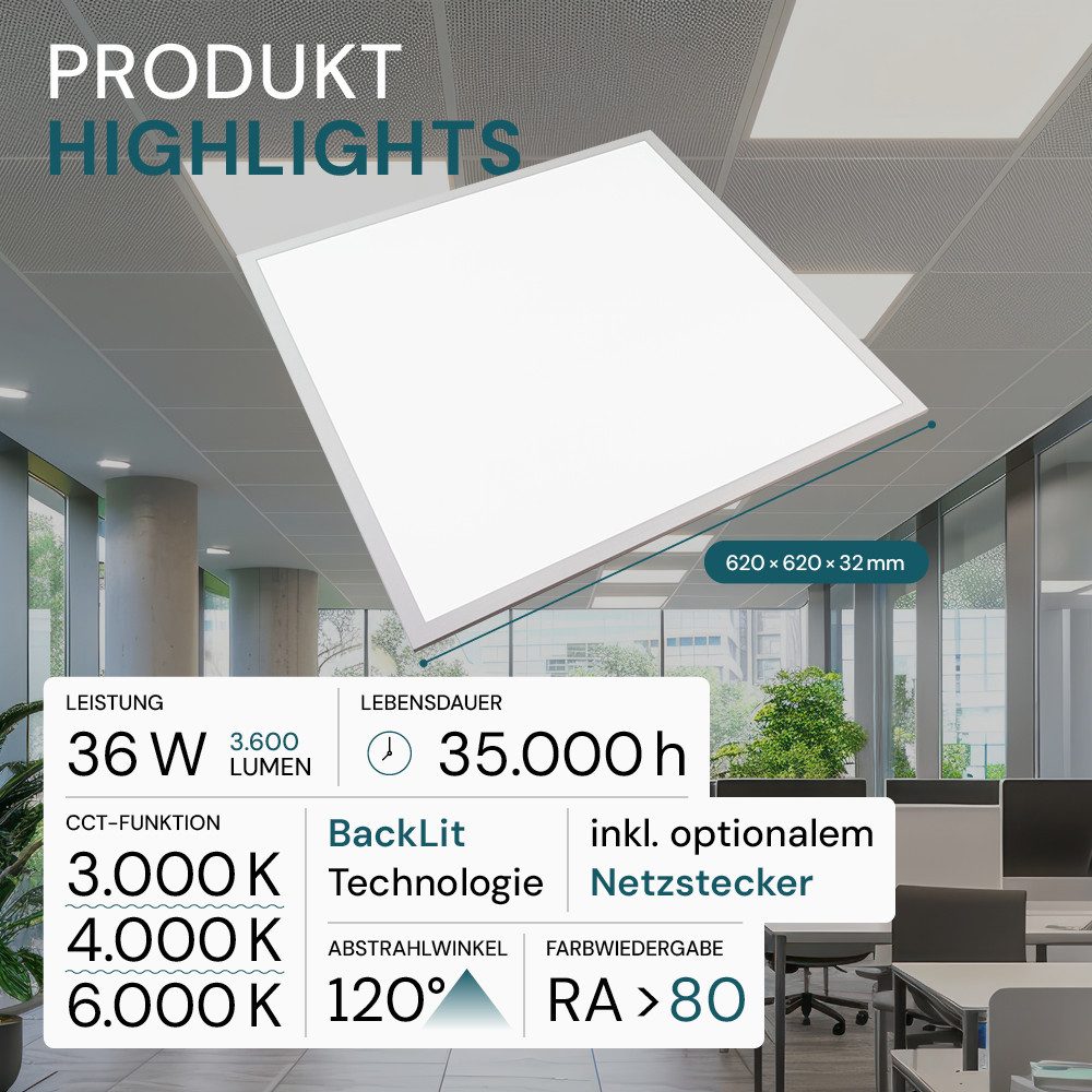 LUXULA LED Panel LUXULA LED Panel 36 W 3000 K, 4000 K, 6000 K, LED fest integriert, Tageslichtweiß