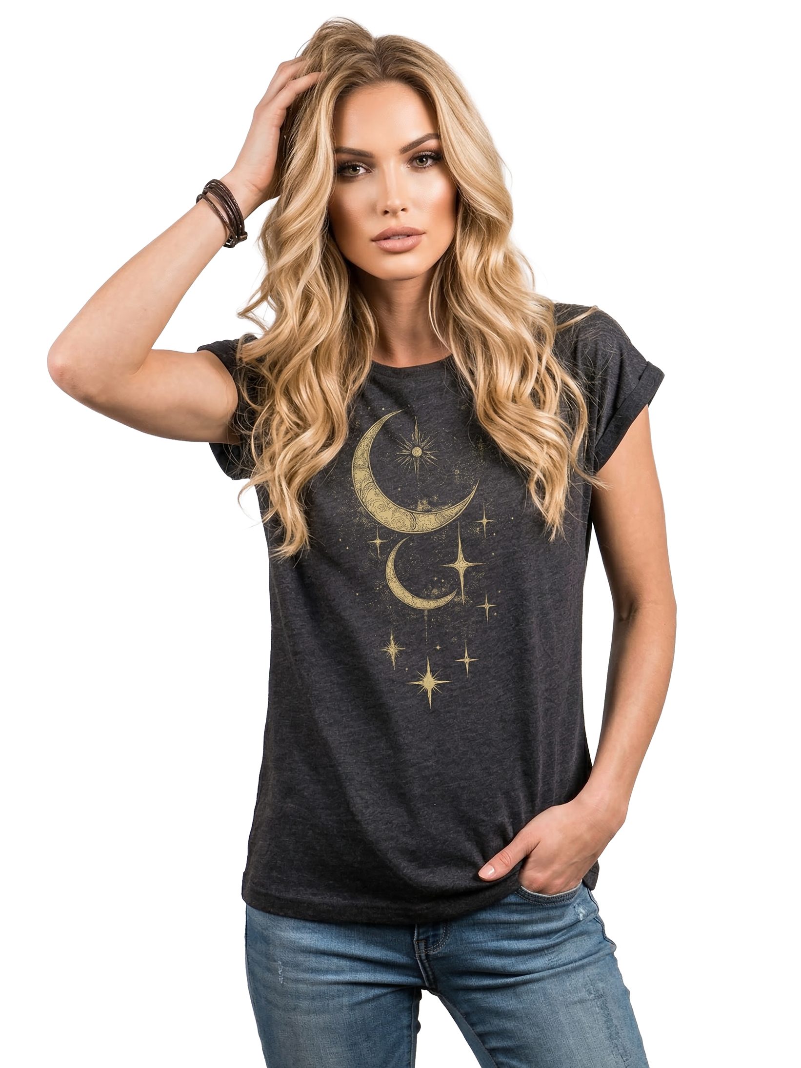 MAKAYA Kurzarmshirt Damen mit Aufdruck Sonne Mond & Sterne Print Esoterik Geschenk (Schwarz, Blau, Grau, 34, 36, 38, 40, 42, 44, 46, 48, 50) Baumwolle