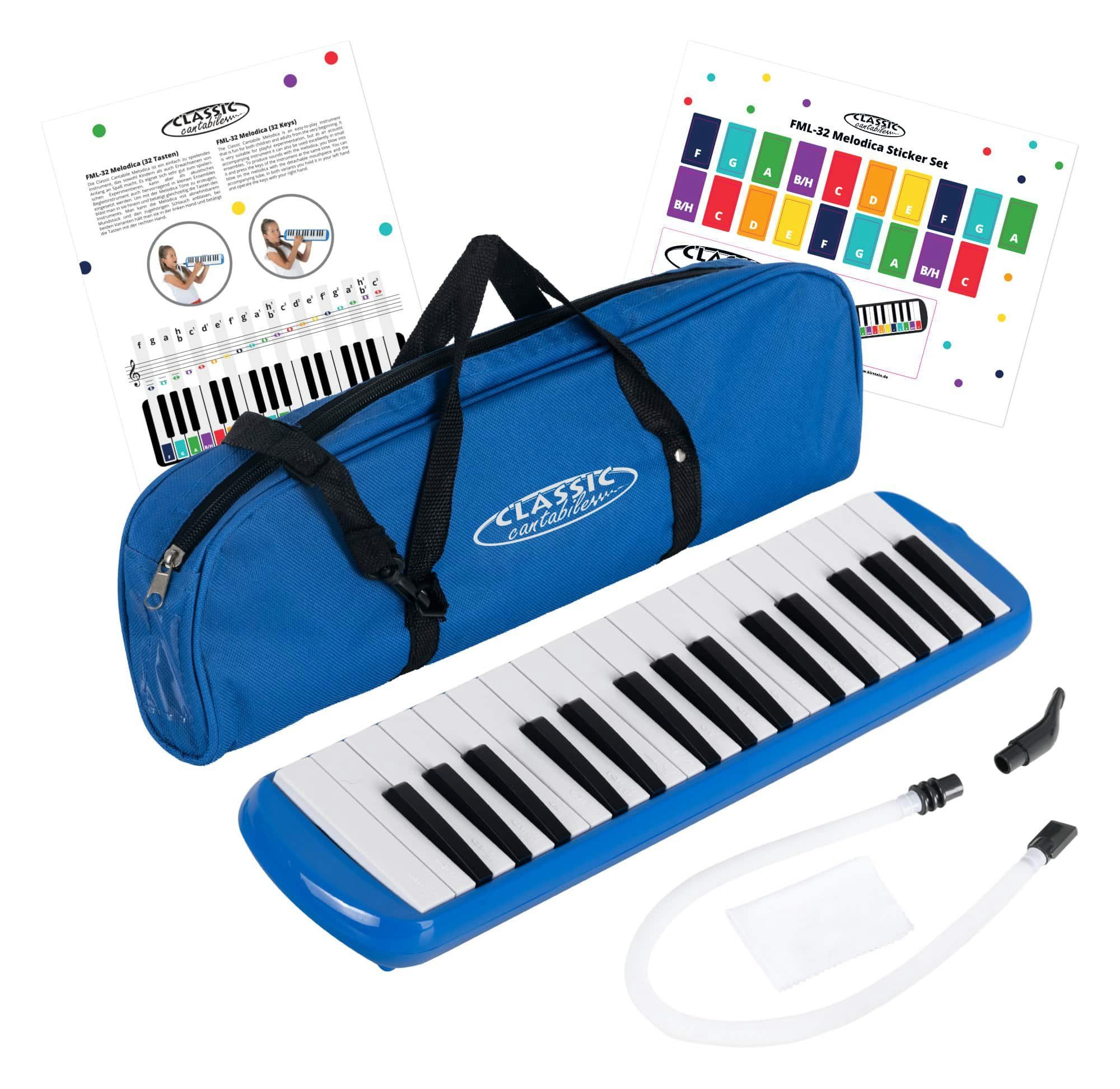 Classic Cantabile Melodica Blasharmonika mit 32 Tasten - Melodica Instrument f - c³, Anfänger-Set, 6-St., Mit Etui, Mundstück und Anblasschlauch, Booklet mit 5 Kinderliedern und bunten Aufklebern